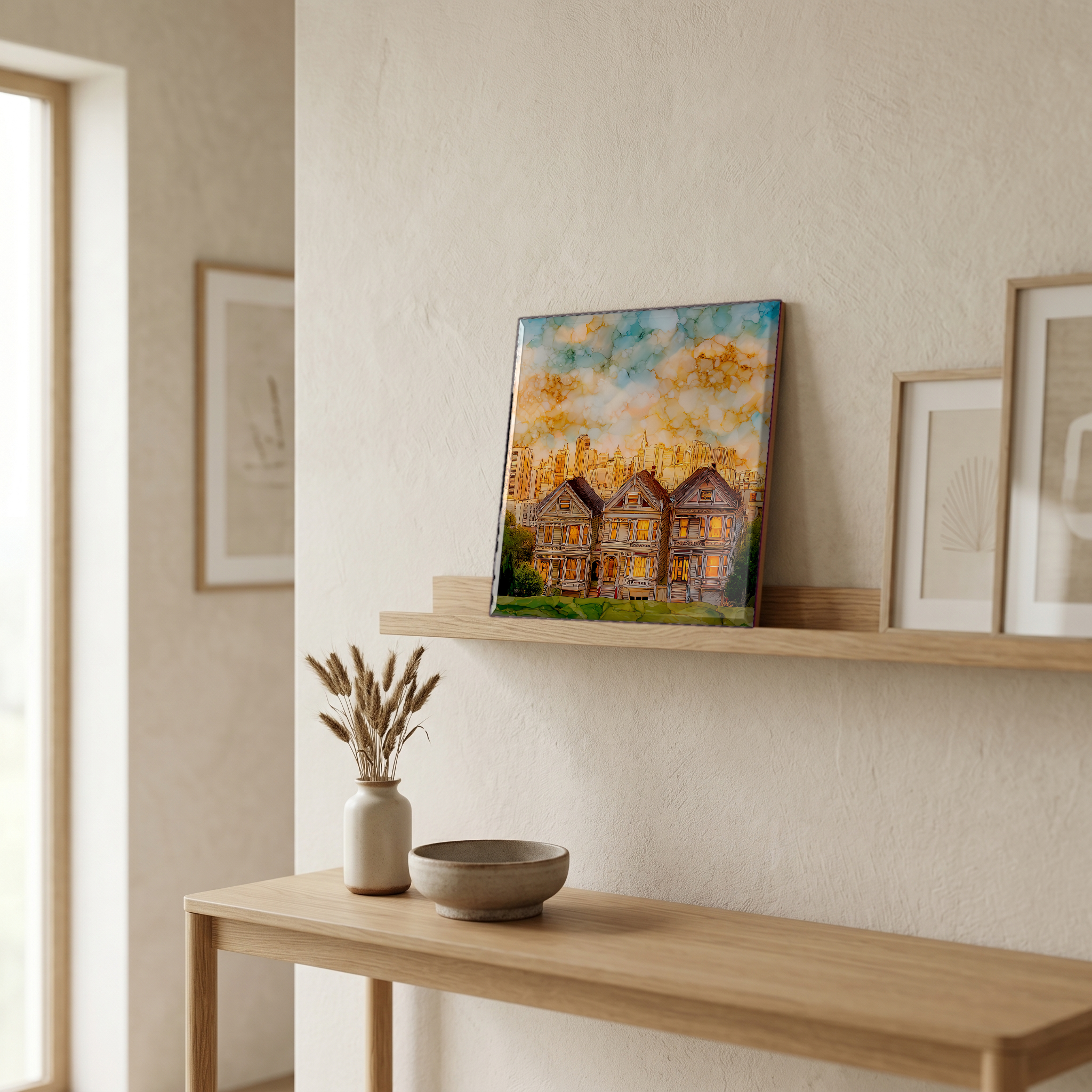 On a picture ledge, where the light comes in.