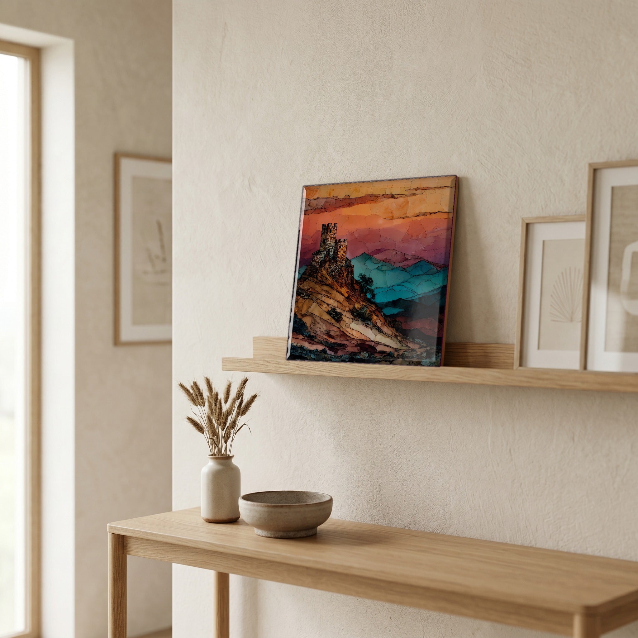 On a picture ledge, where the light comes in.