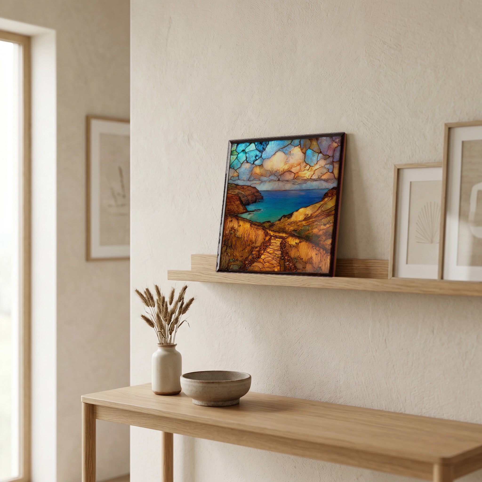 On a picture ledge, where the light comes in.