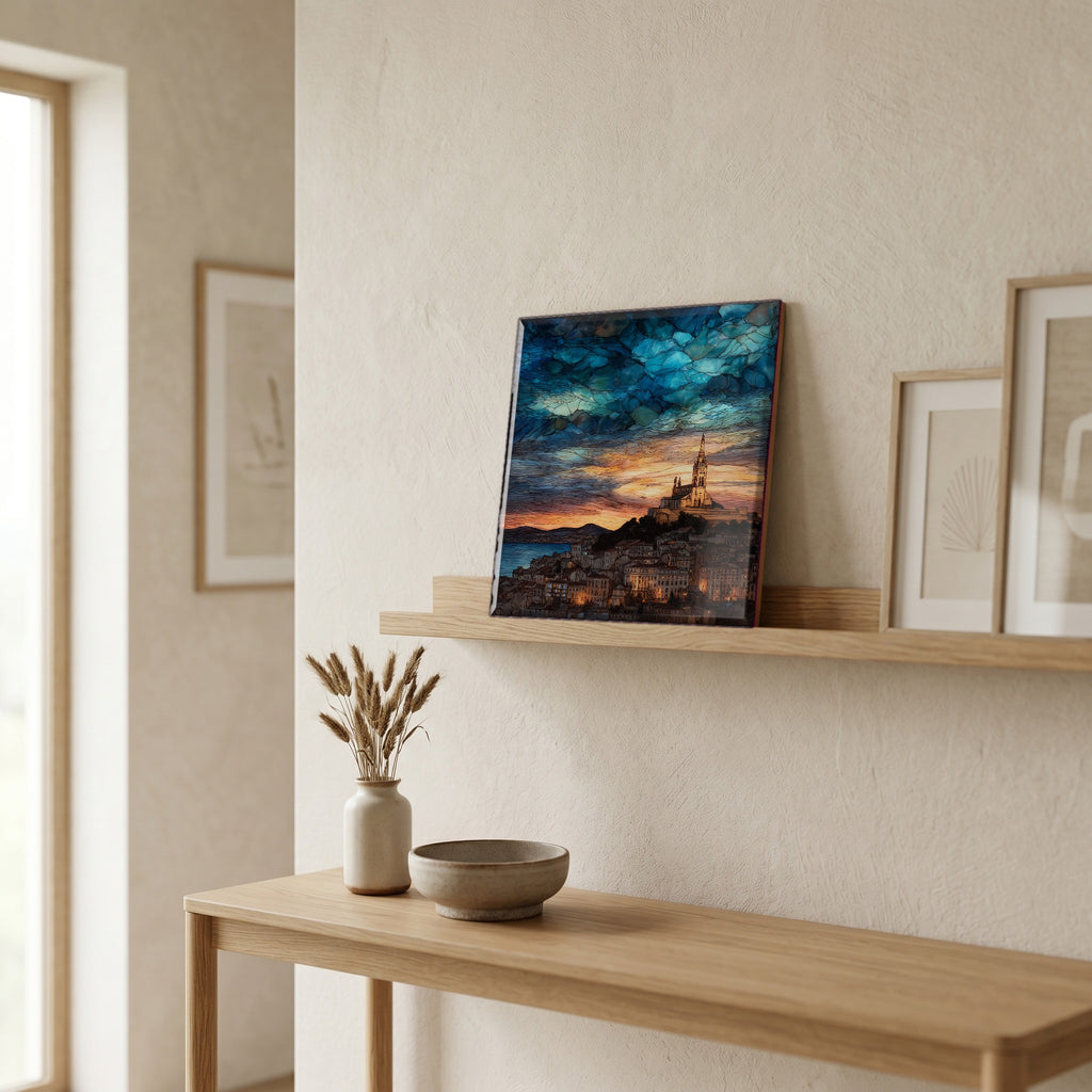 On a picture ledge, where the light comes in.