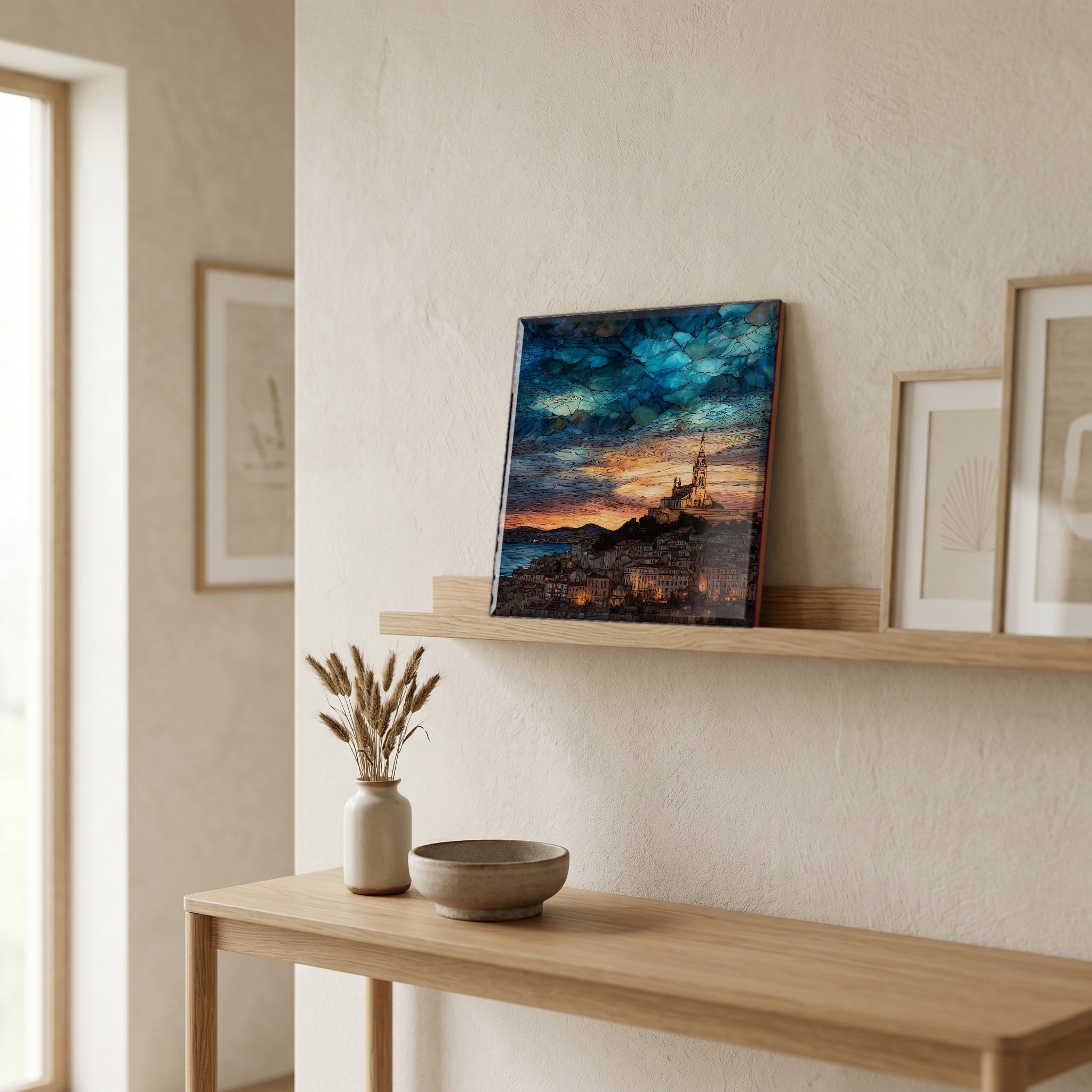 On a picture ledge, where the light comes in.