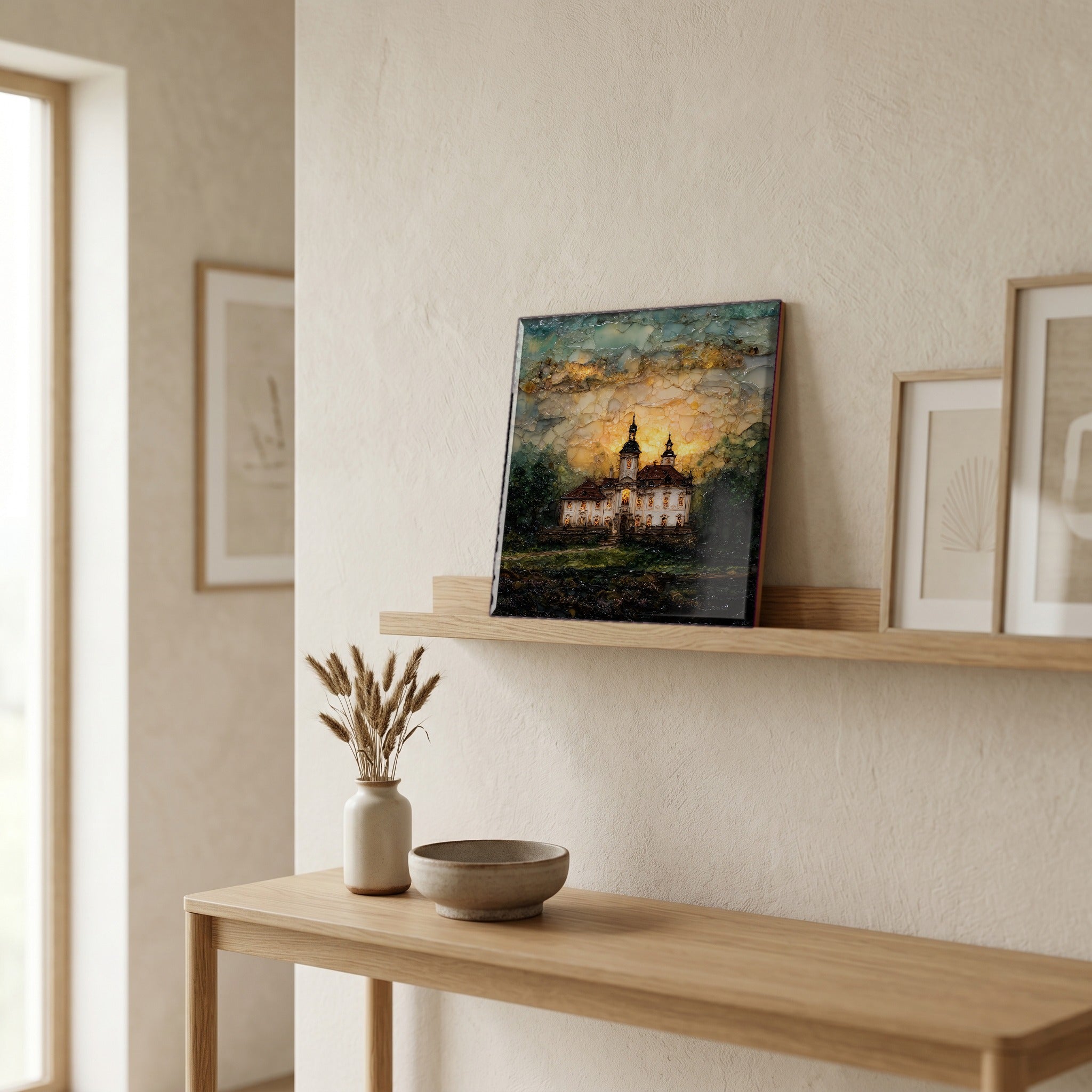 On a picture ledge, where the light comes in.
