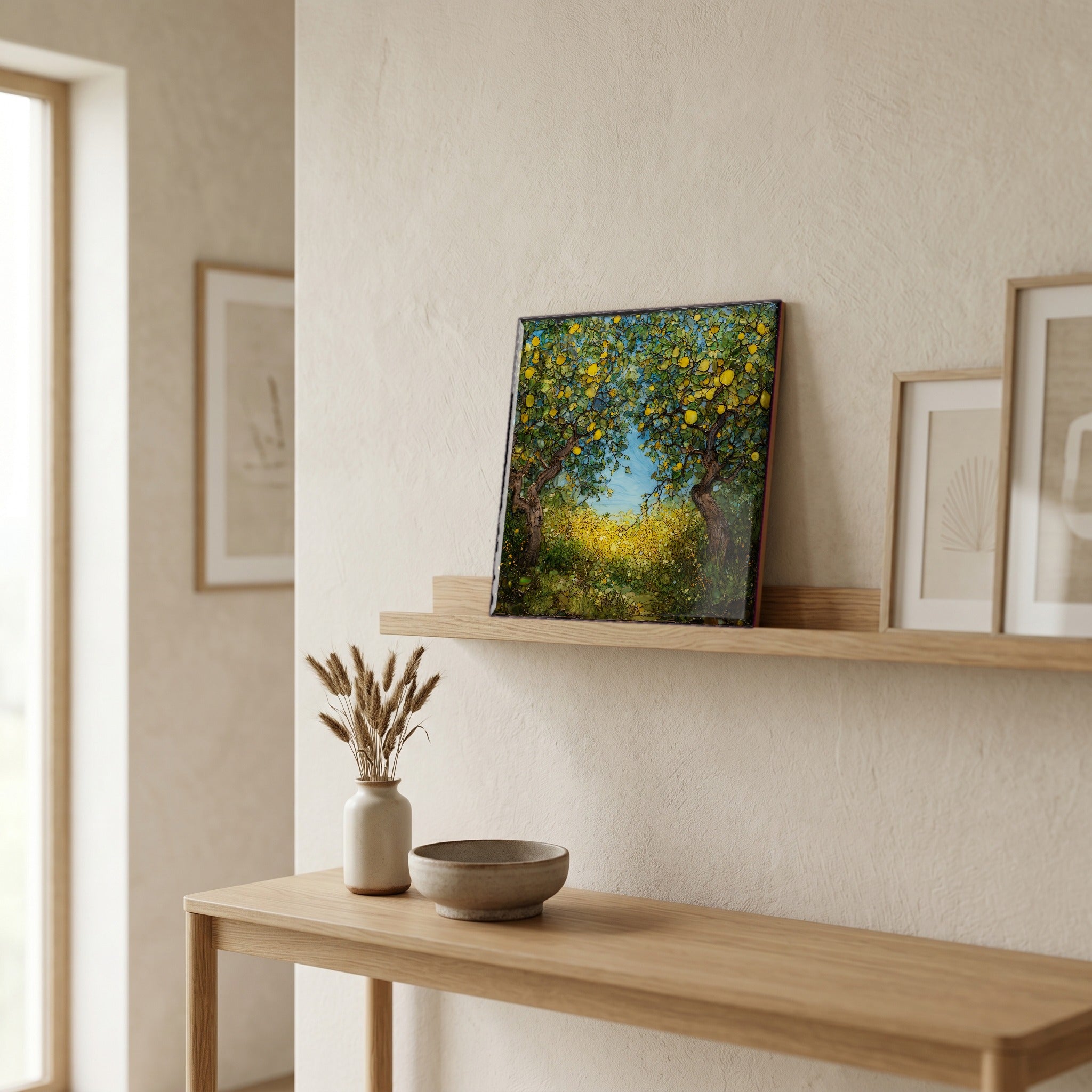 On a picture ledge, where the light comes in.