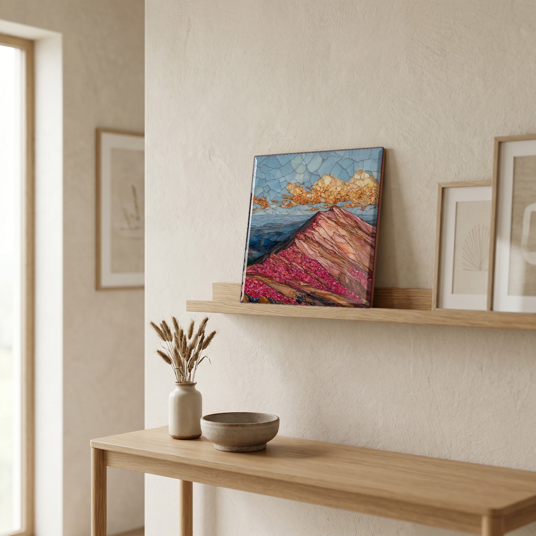 On a picture ledge, where the light comes in.