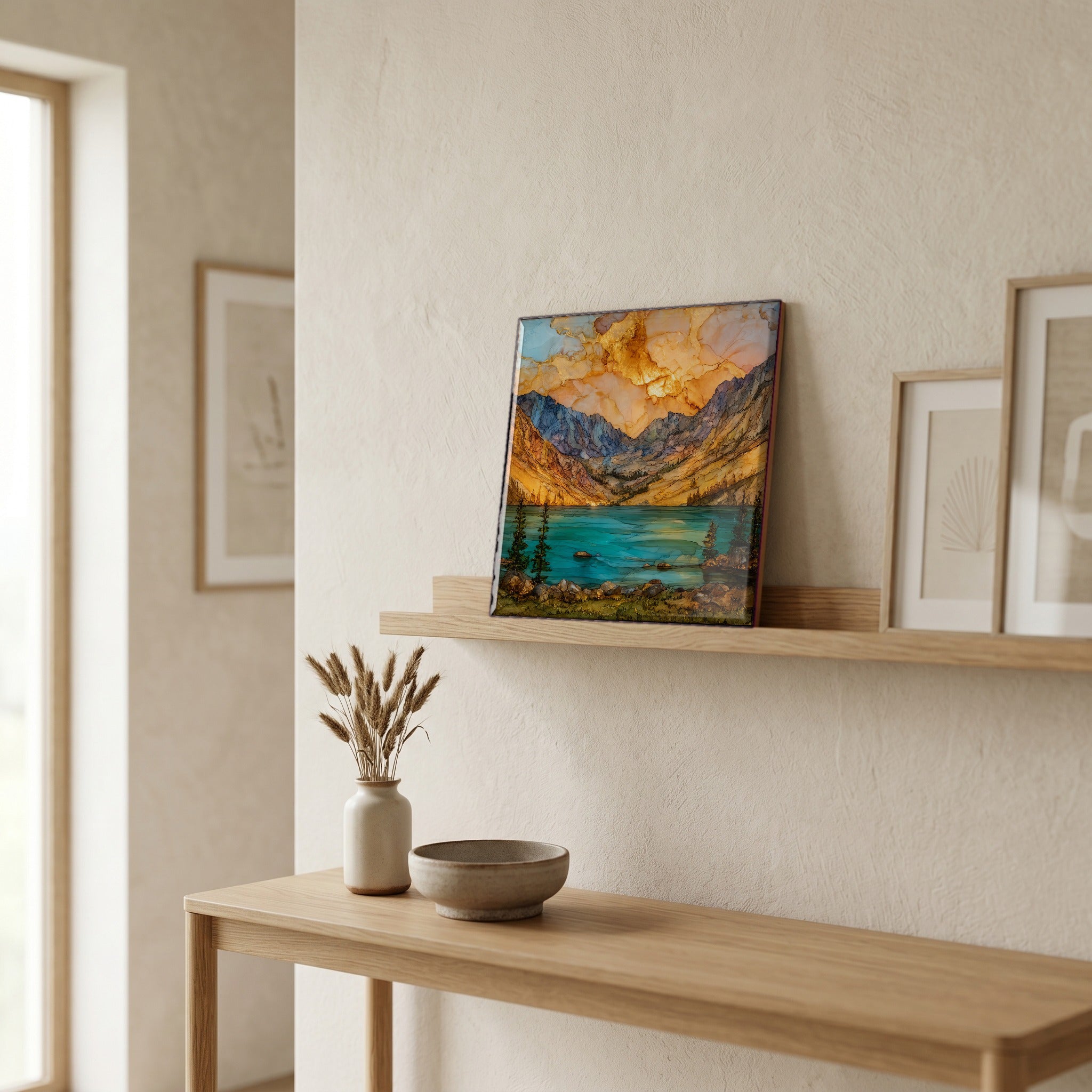 On a picture ledge, where the light comes in.