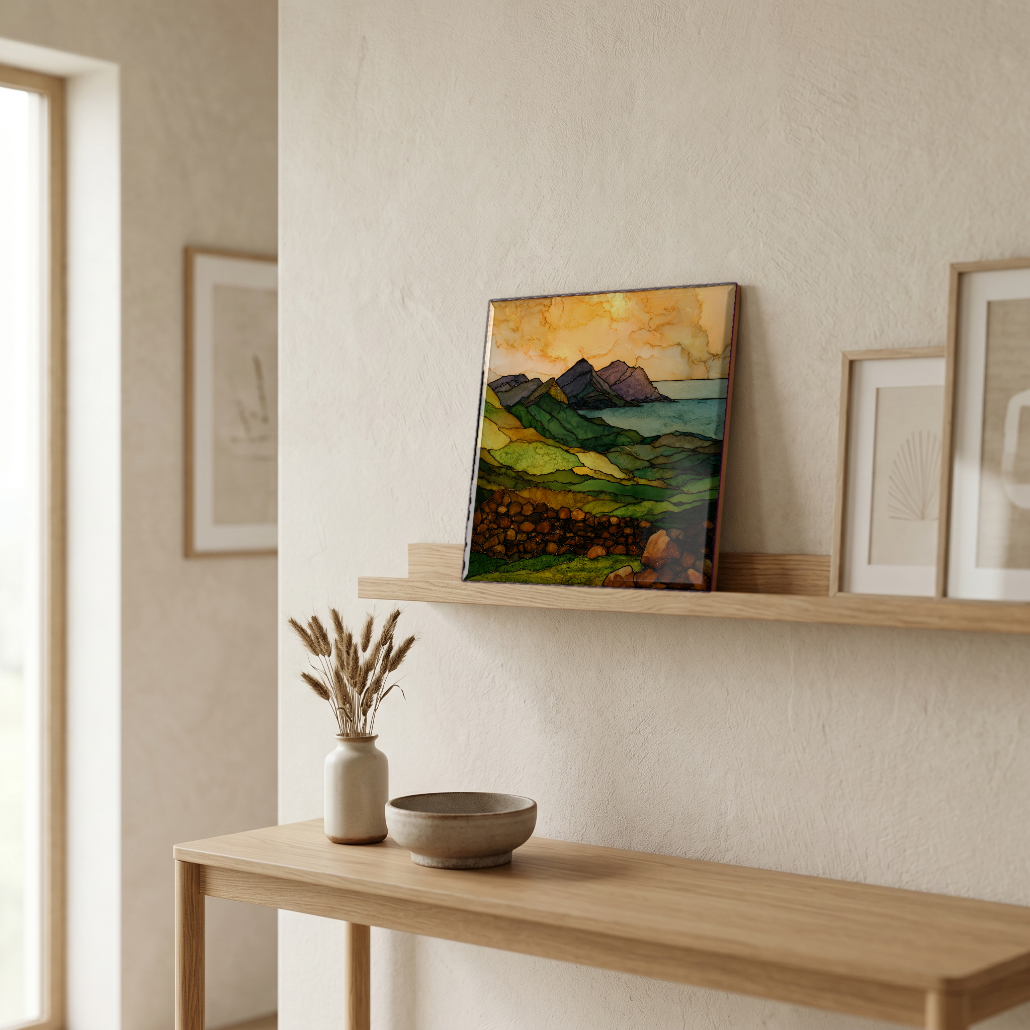 On a picture ledge, where the light comes in.