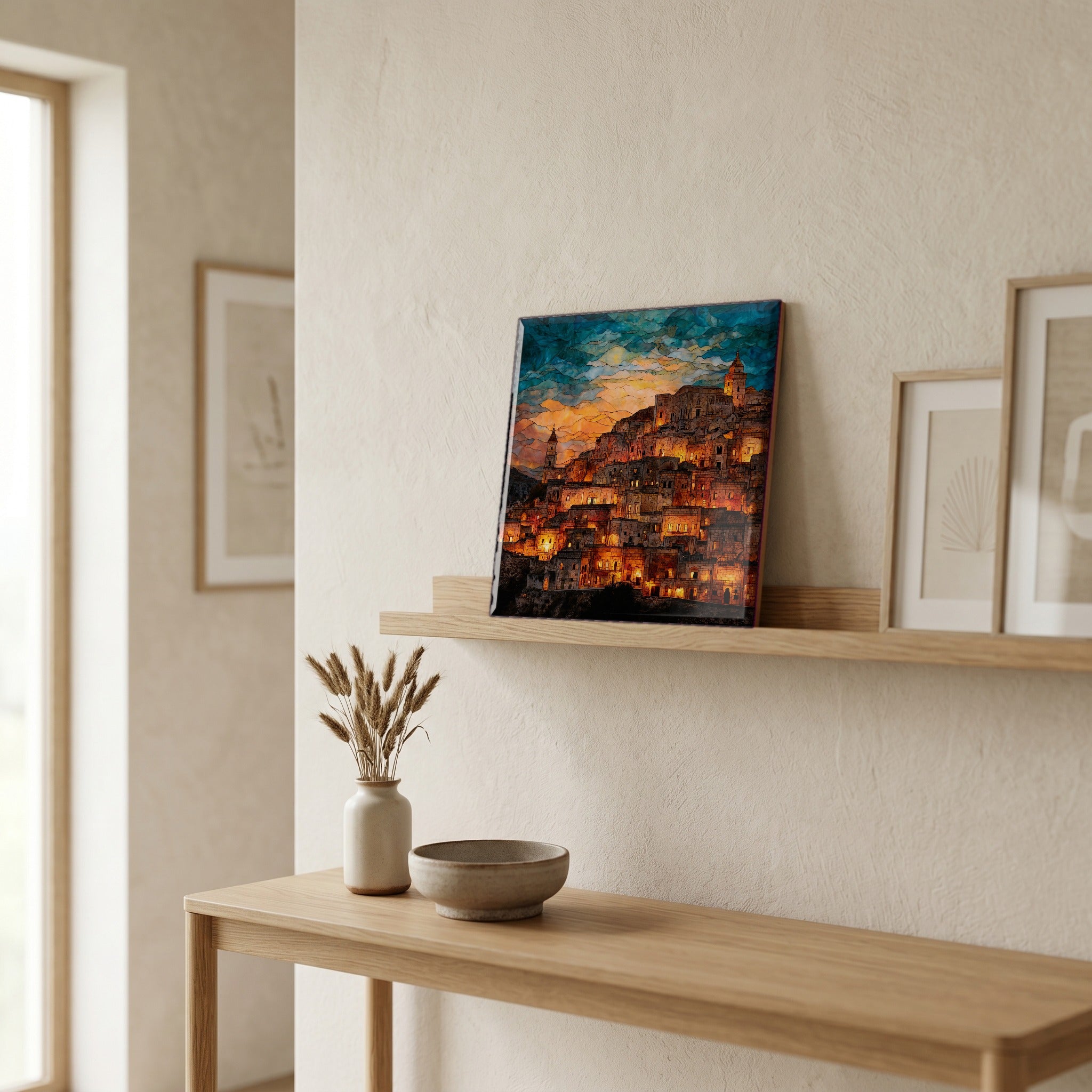 On a picture ledge, where the light comes in.
