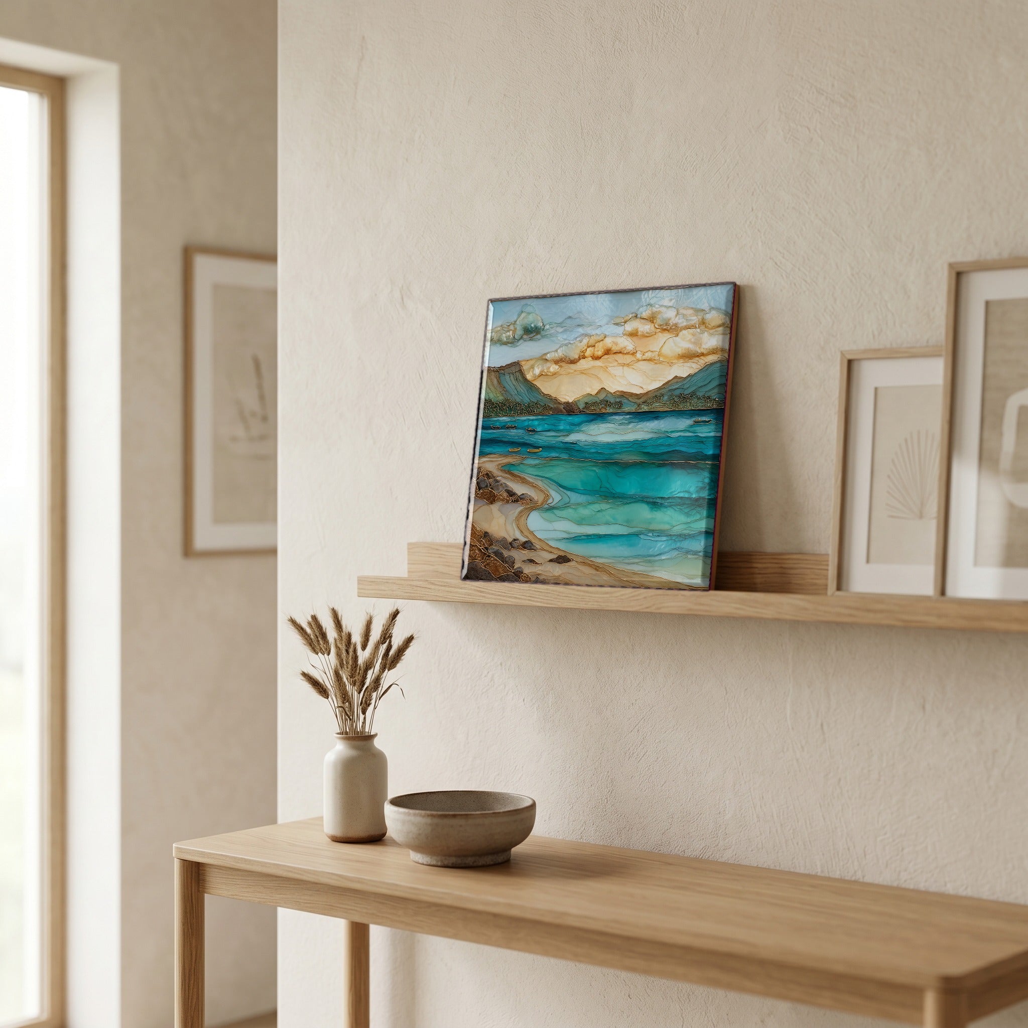 On a picture ledge, where the light comes in.