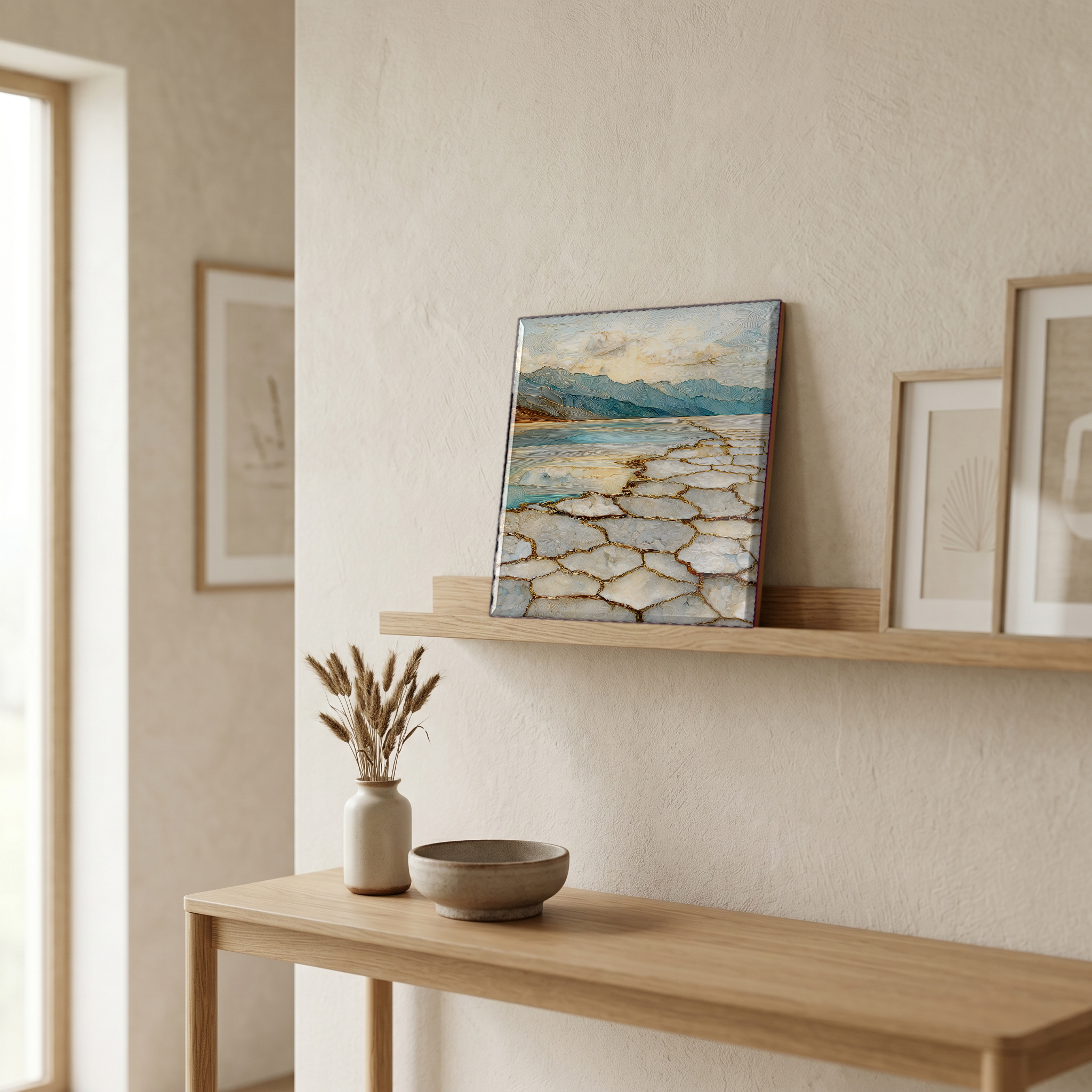 On a picture ledge, where the light comes in.