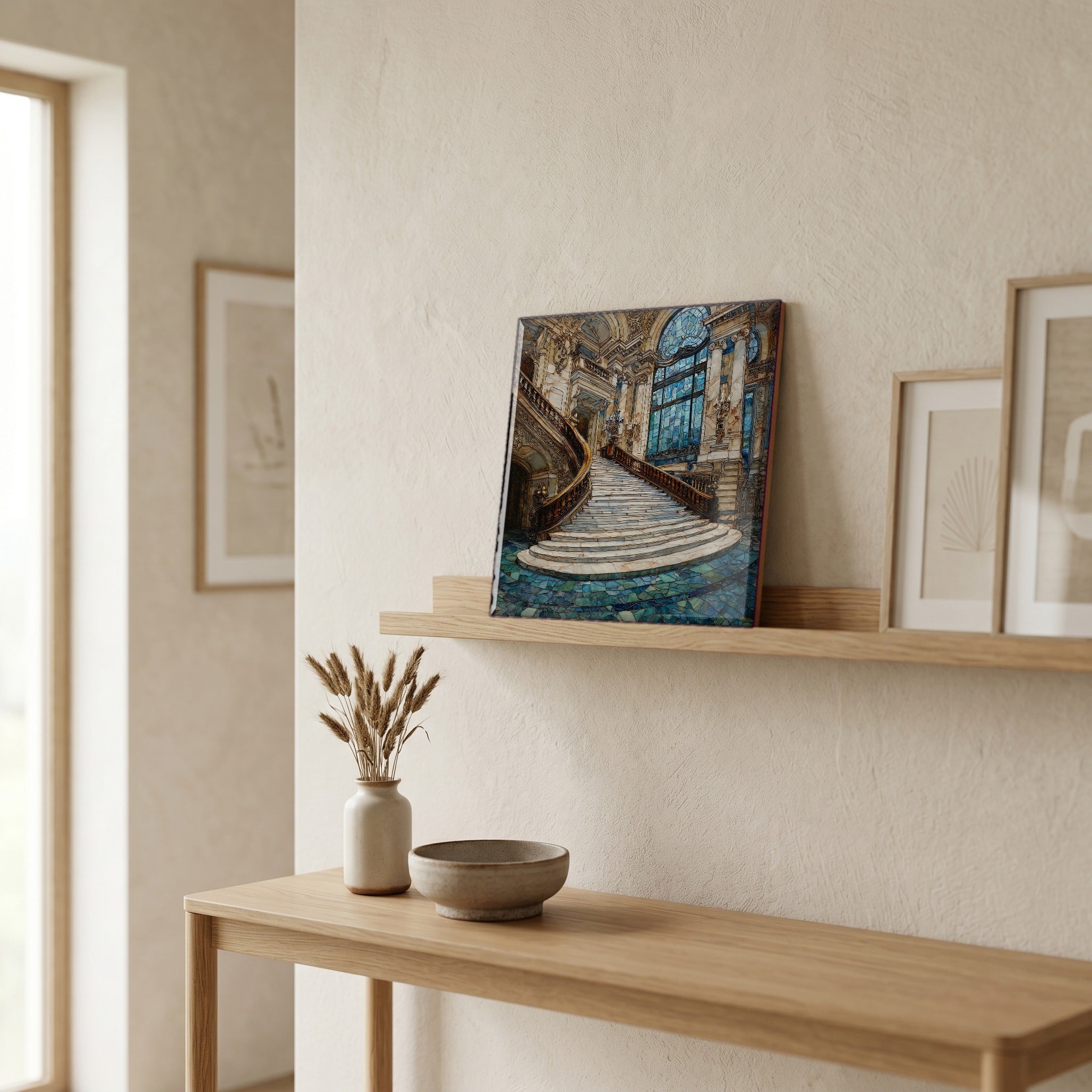 On a picture ledge, where the light comes in.
