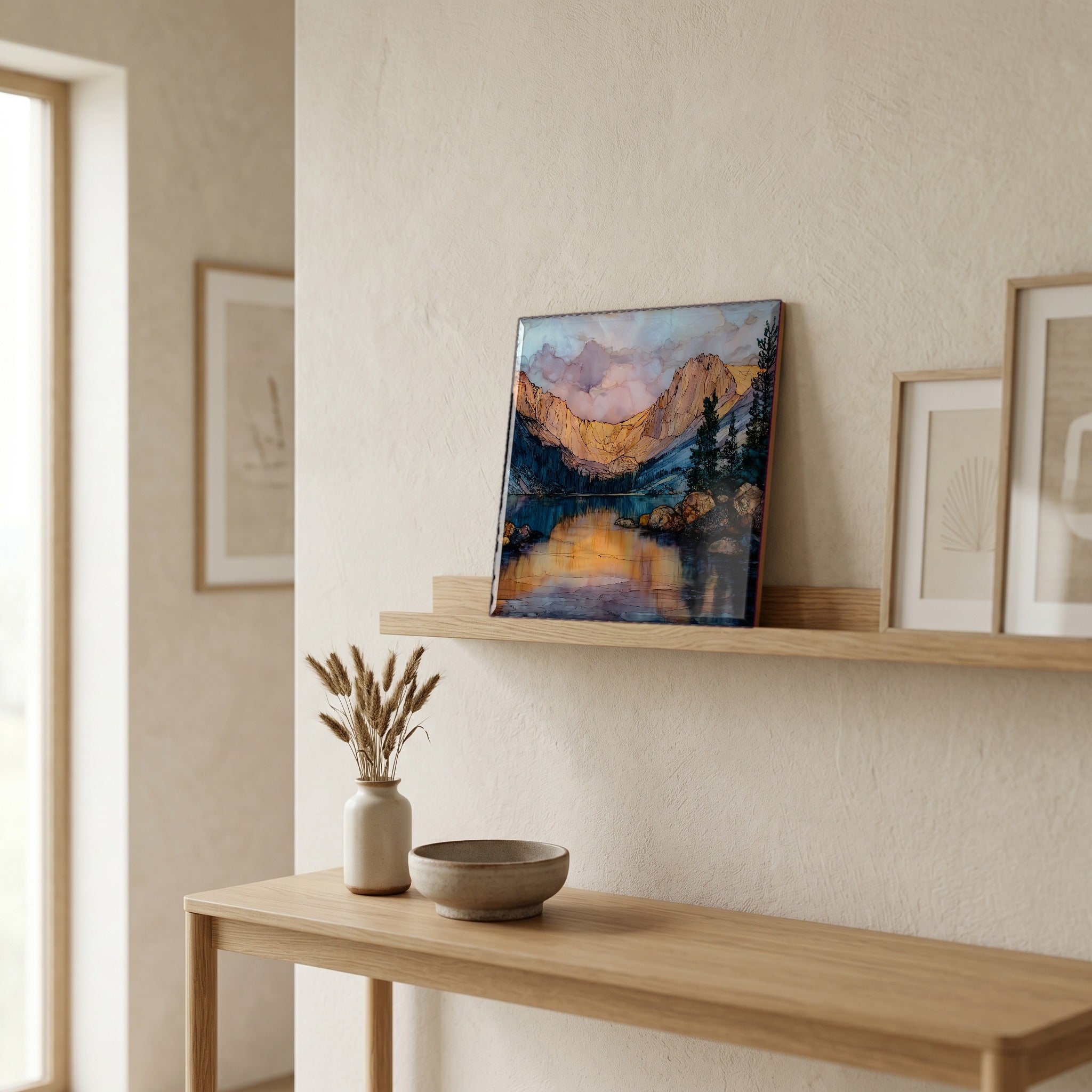 On a picture ledge, where the light comes in.