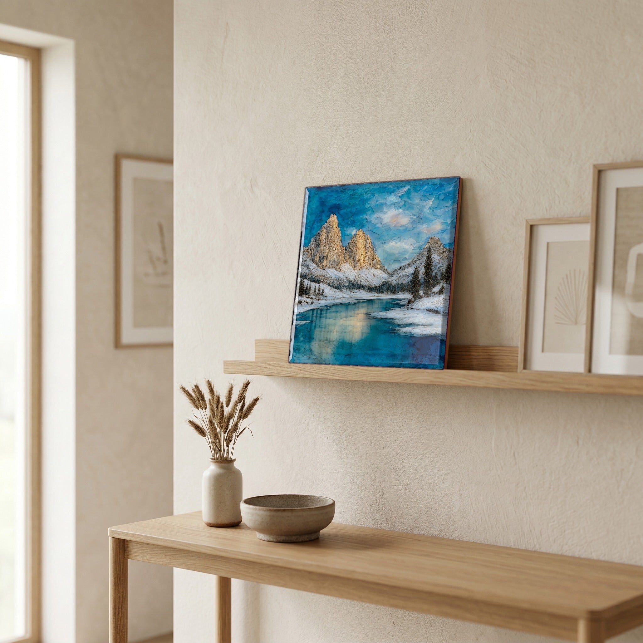 On a picture ledge, where the light comes in.