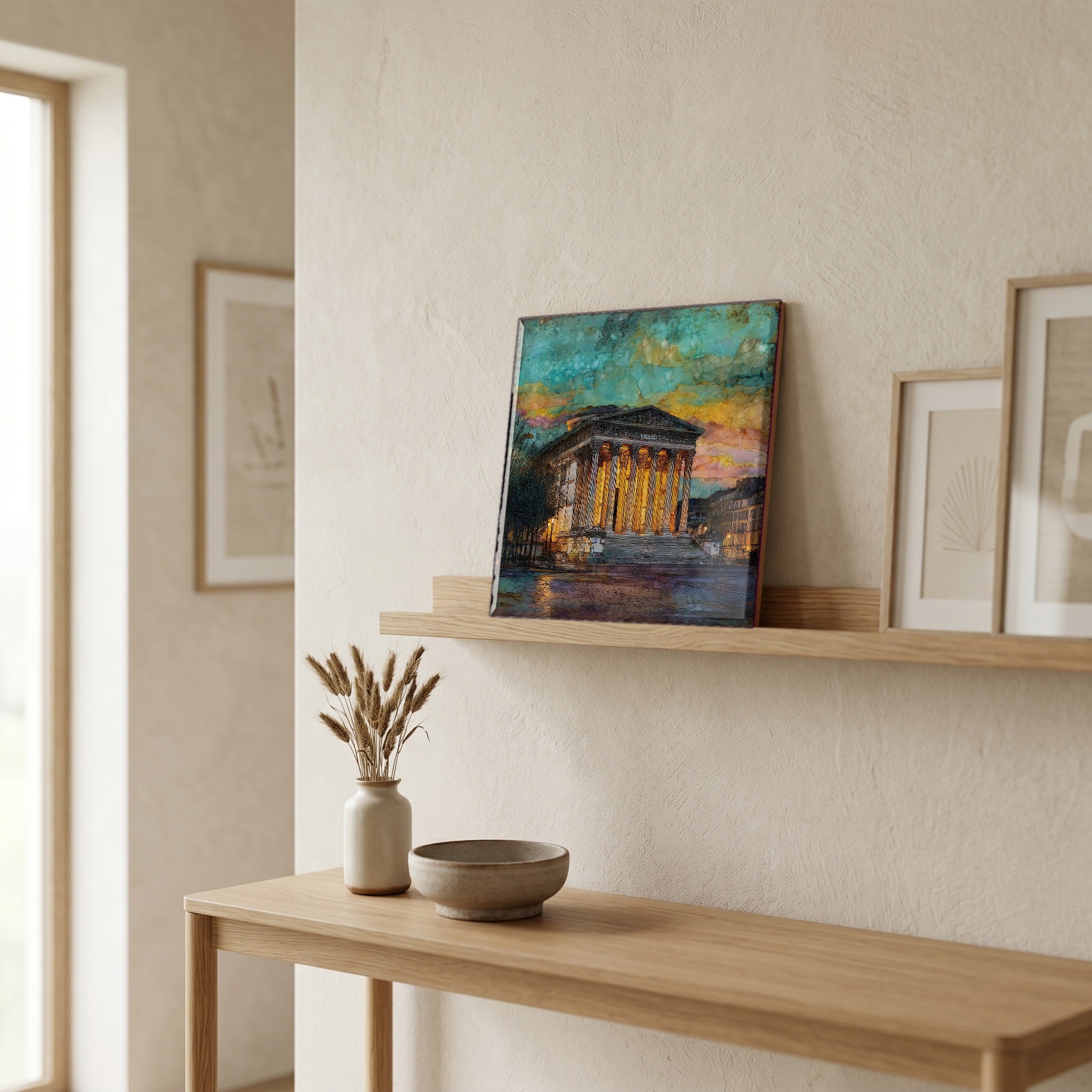 On a picture ledge, where the light comes in.