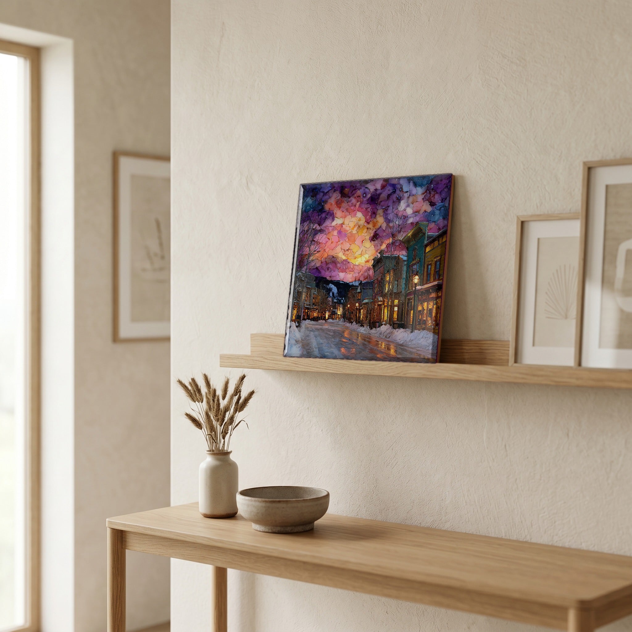 On a picture ledge, where the light comes in.