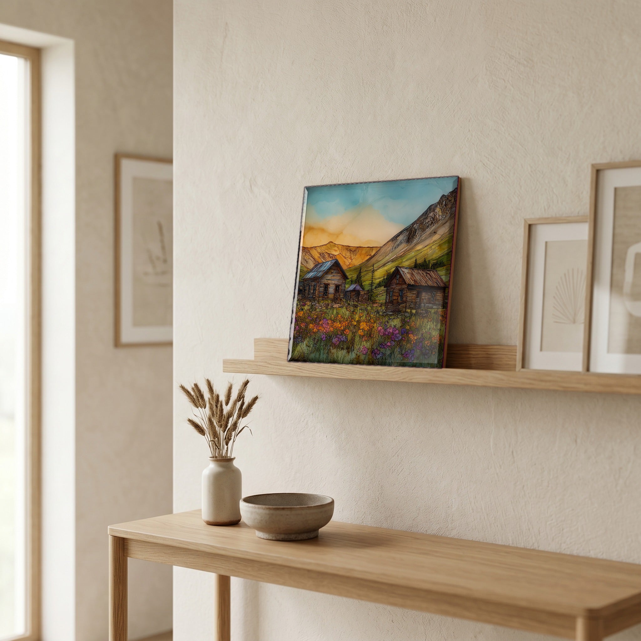 On a picture ledge, where the light comes in.