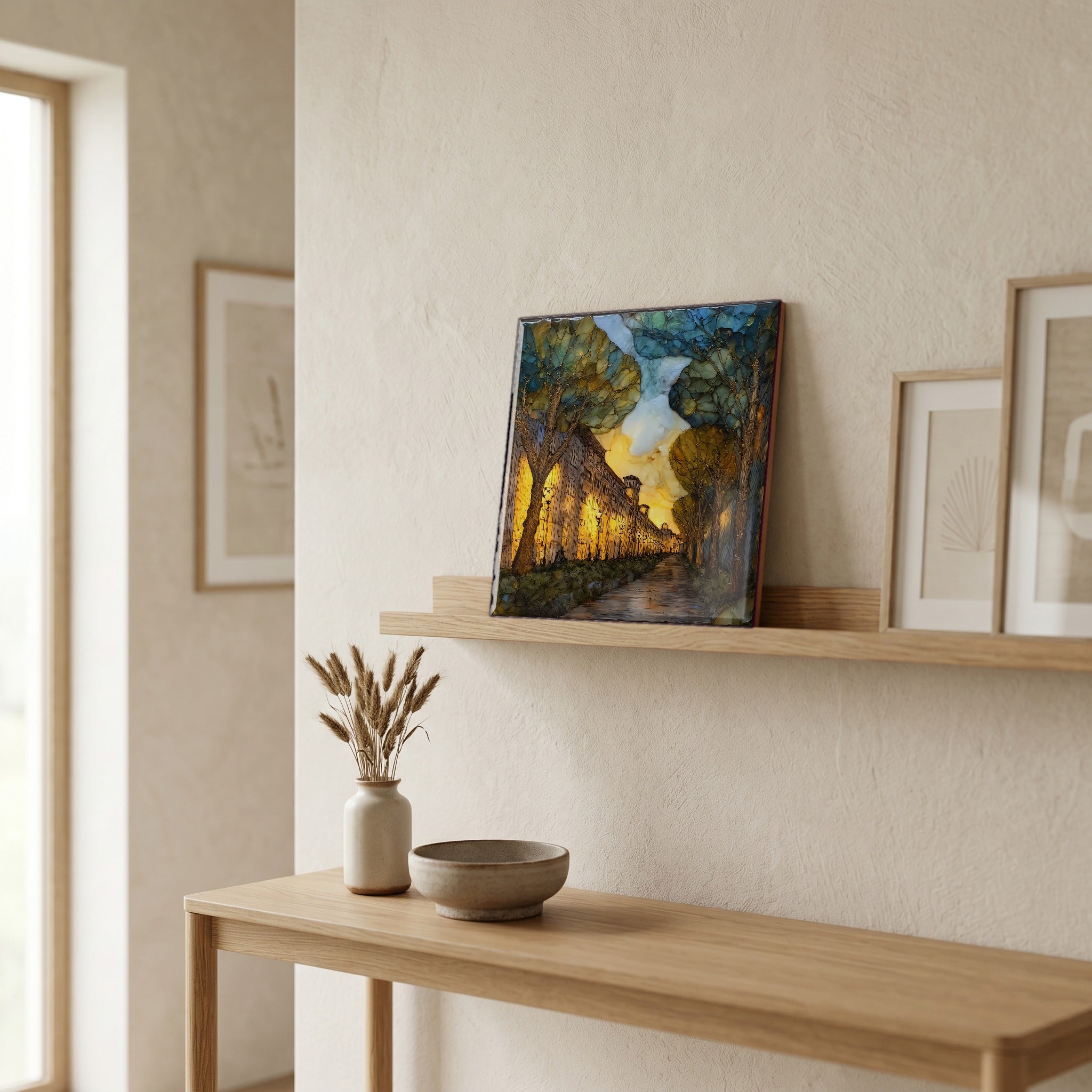 On a picture ledge, where the light comes in.