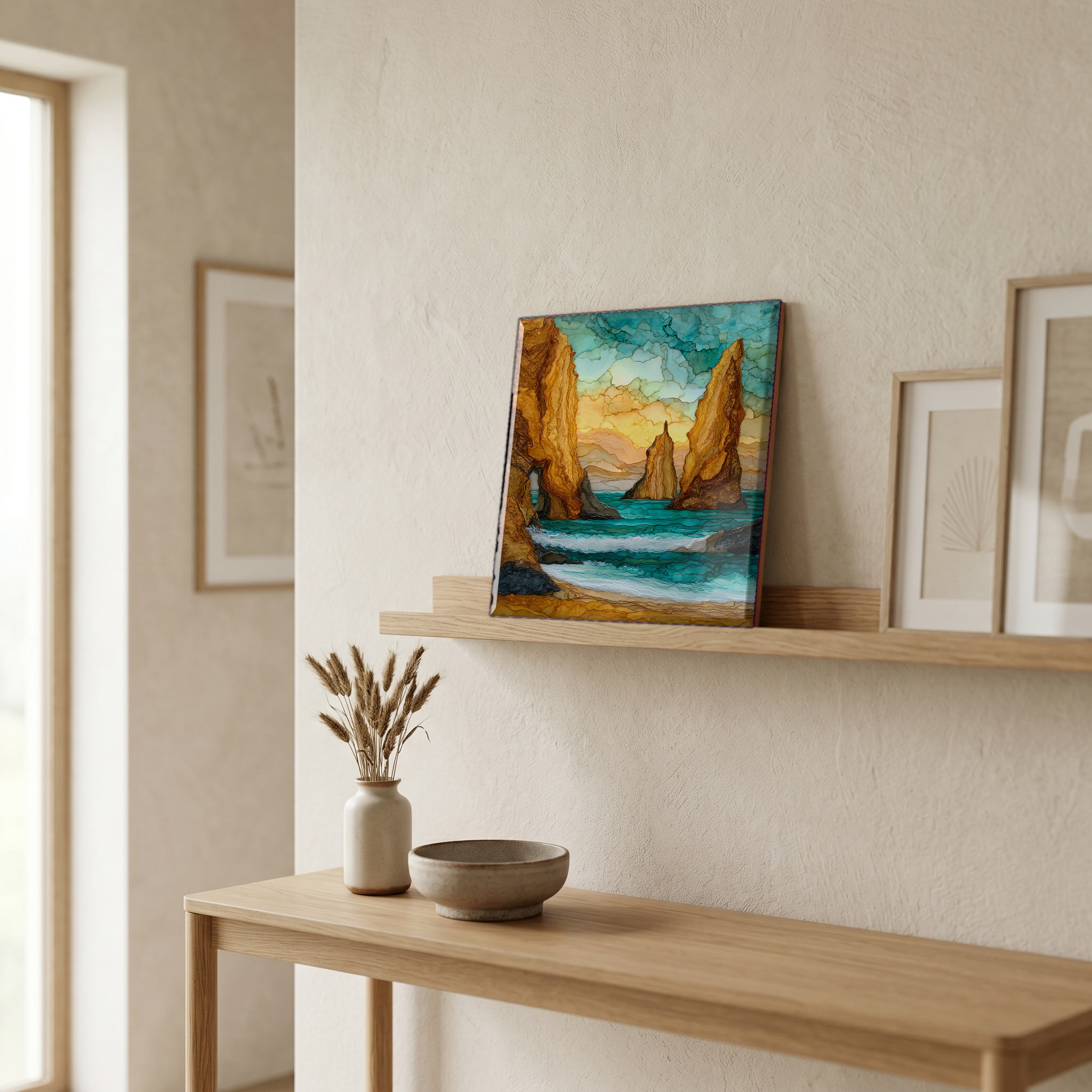On a picture ledge, where the light comes in.