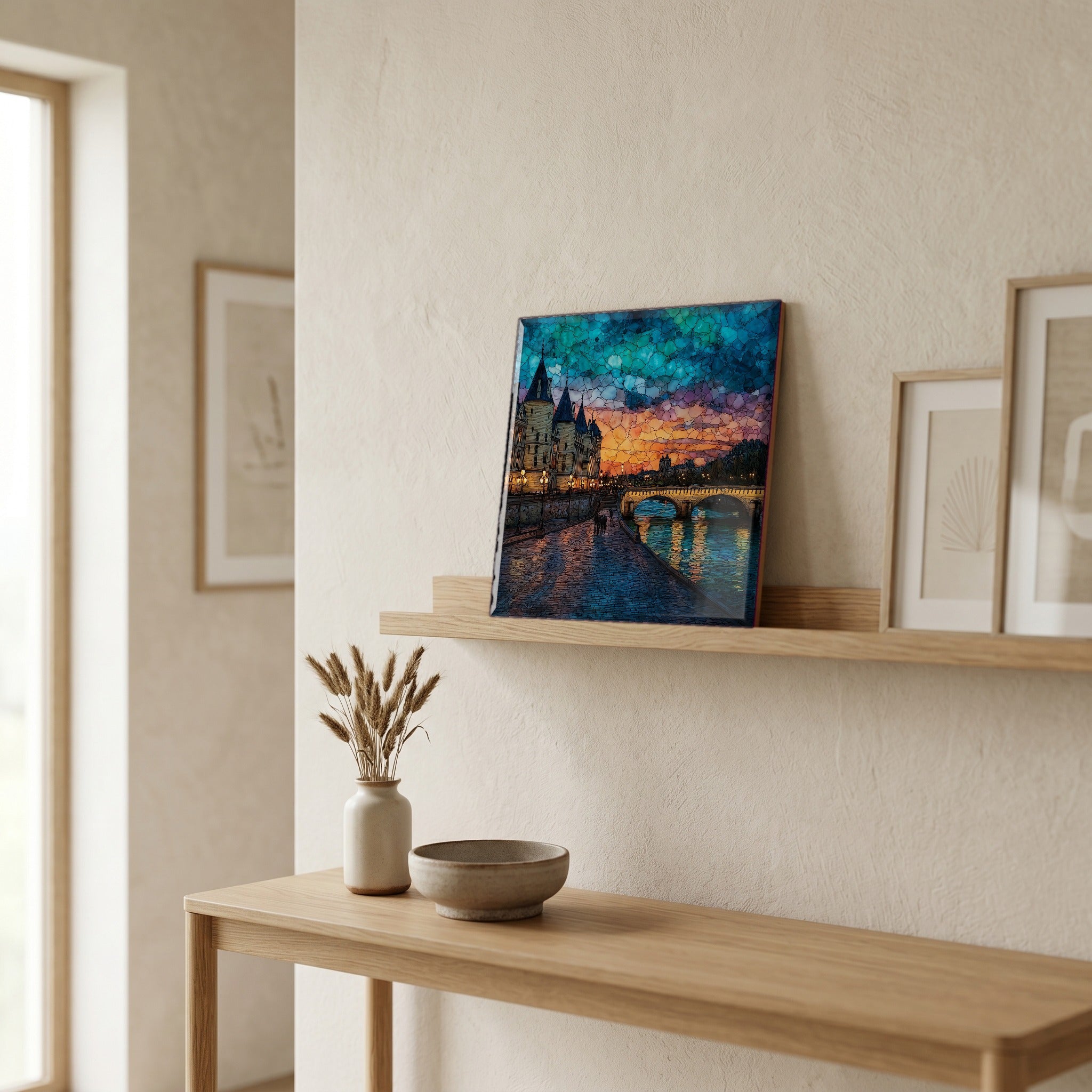 On a picture ledge, where the light comes in.
