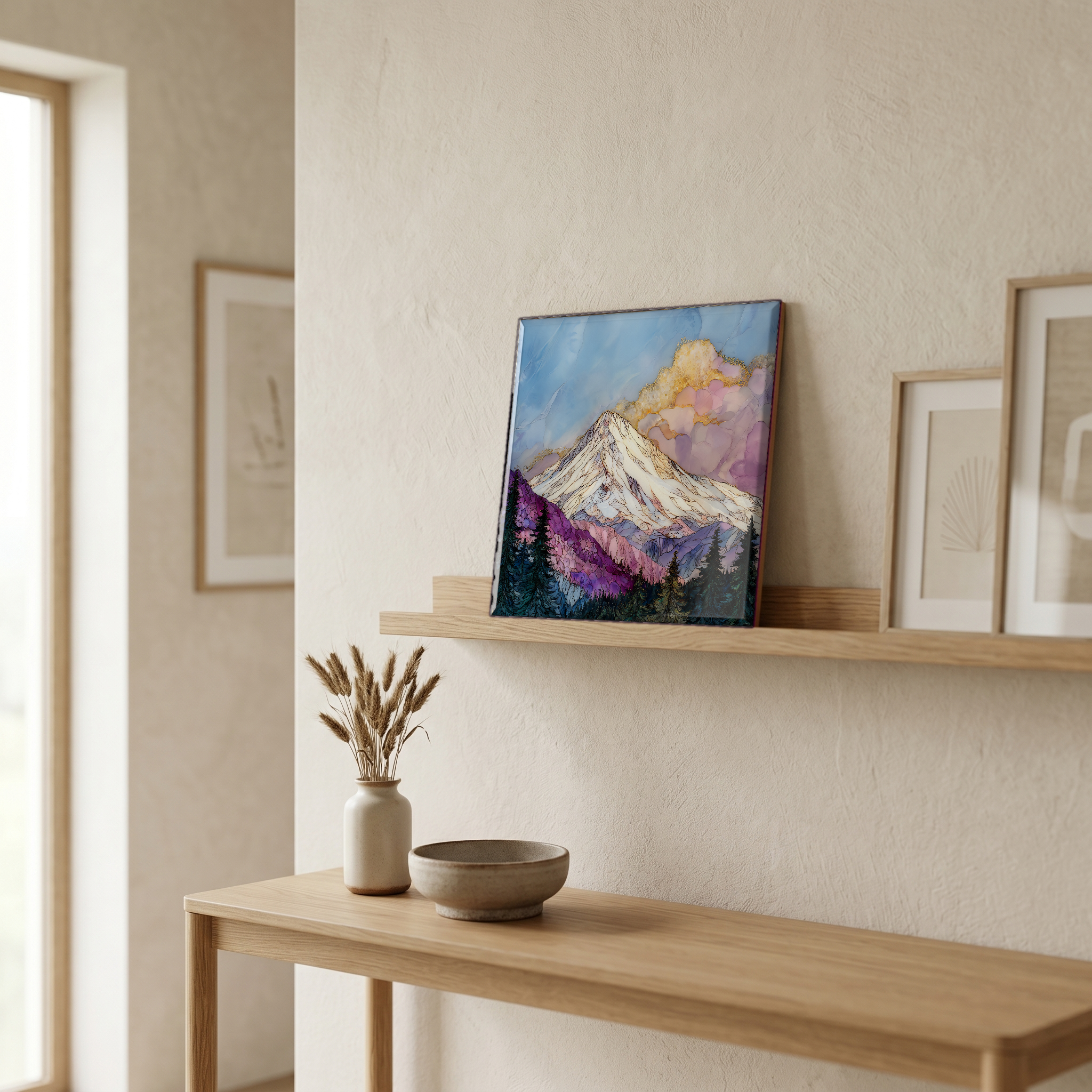 On a picture ledge, where the light comes in.