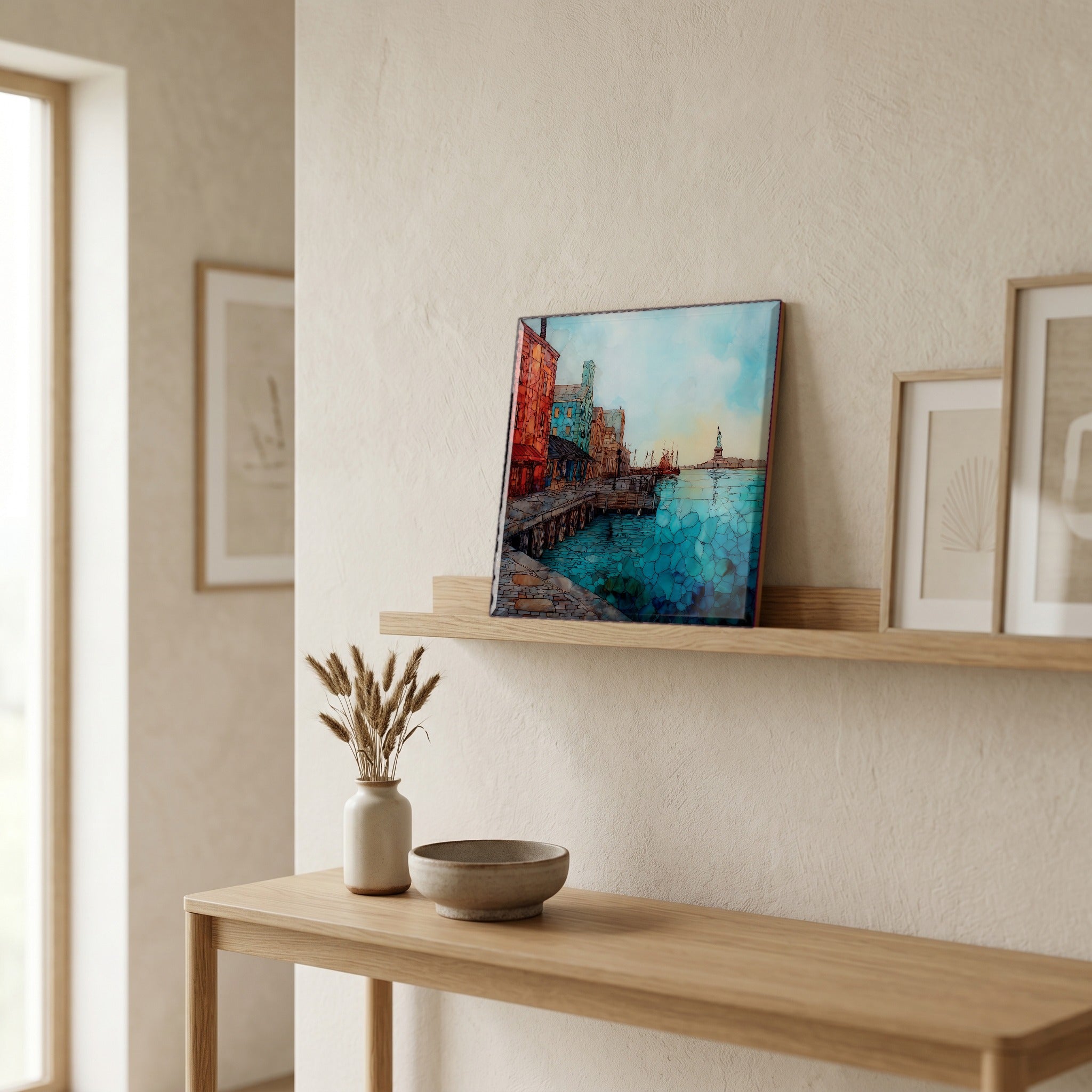 In the entryway, first thing you see.