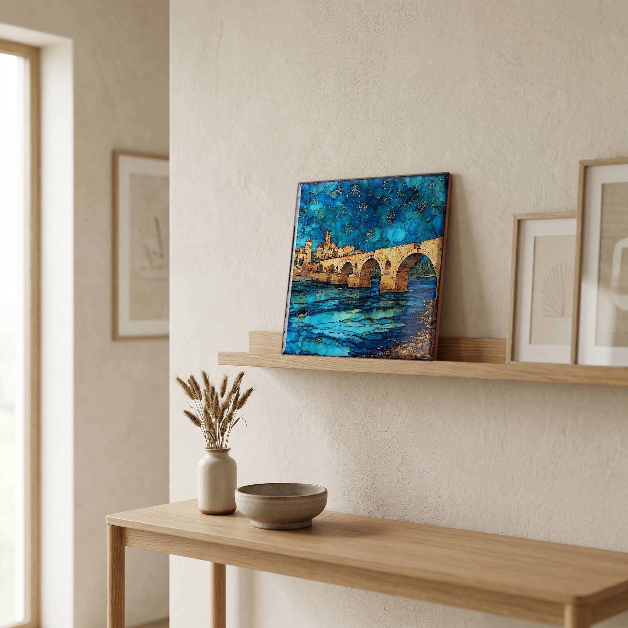 On a picture ledge, where the light comes in.
