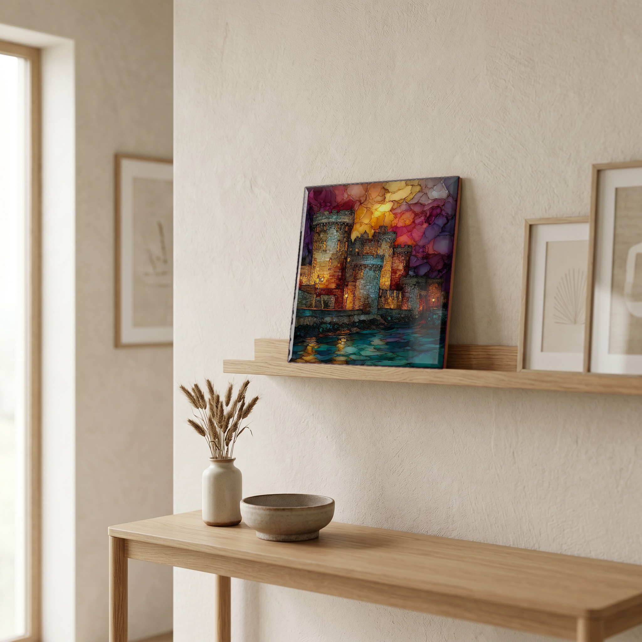 On a picture ledge, where the light comes in.