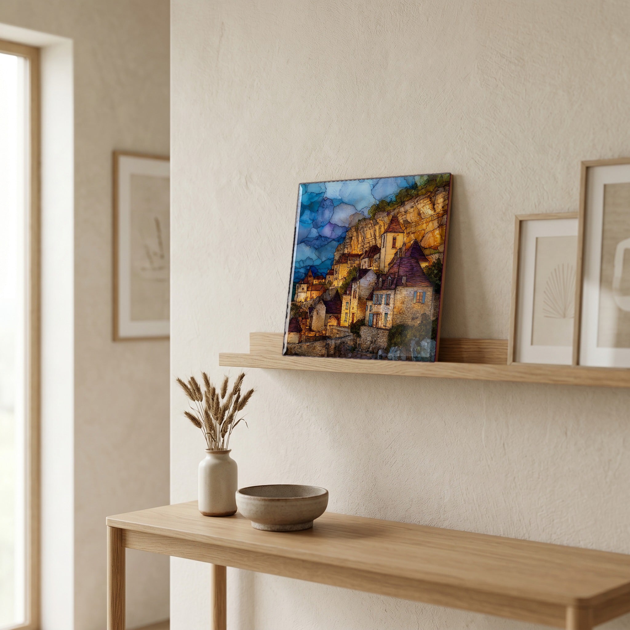 On a picture ledge, where the light comes in.