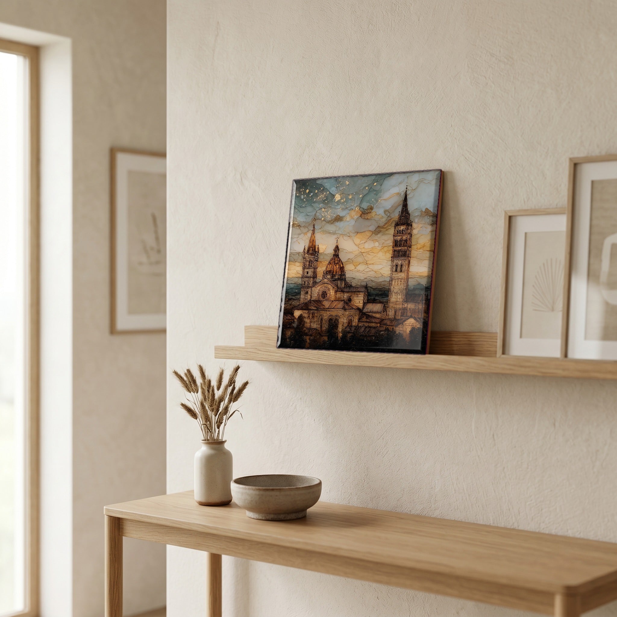 On a picture ledge, where the light comes in.