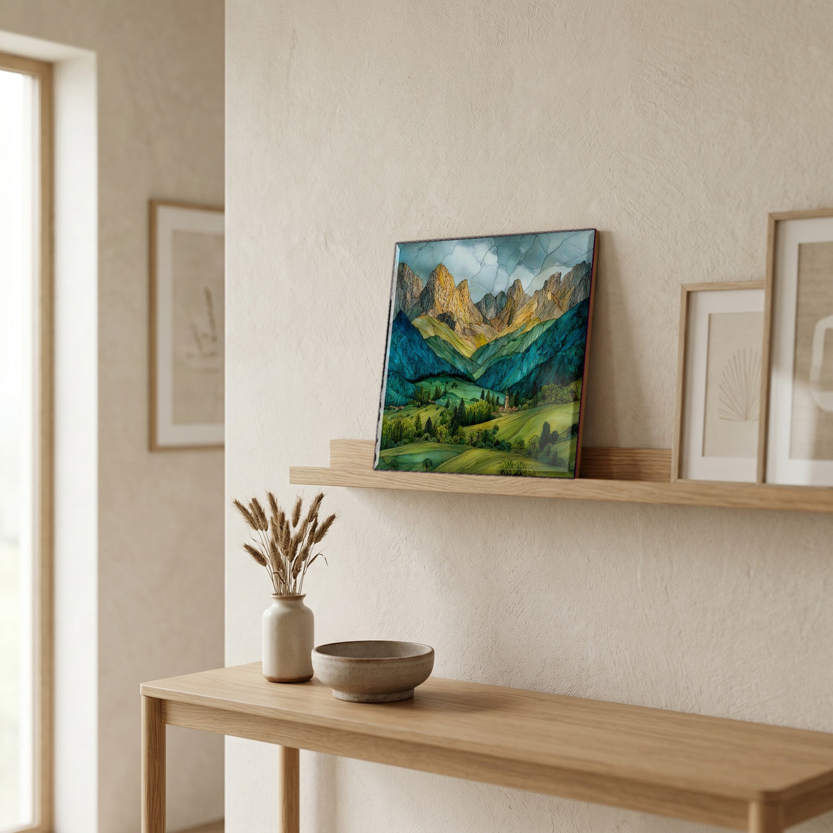 On a picture ledge, where the light comes in.