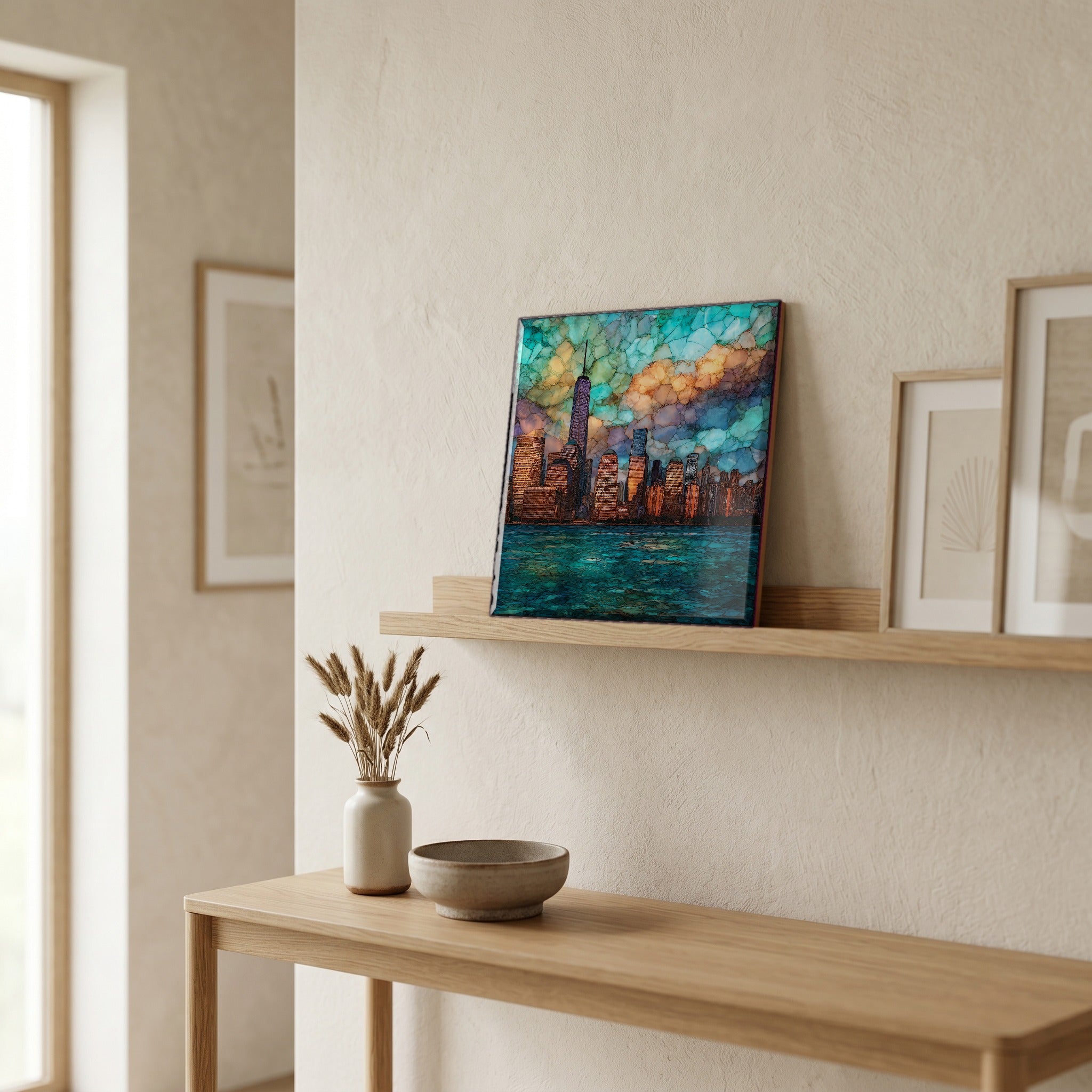 In the entryway, first thing you see.