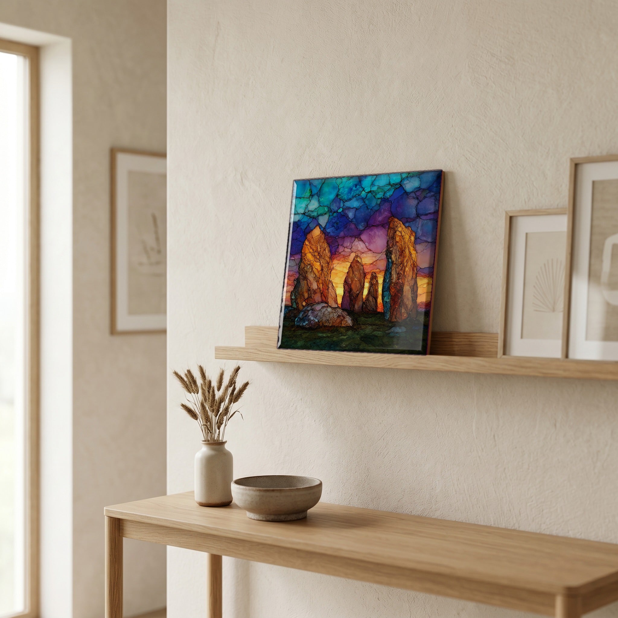 On a picture ledge, where the light comes in.