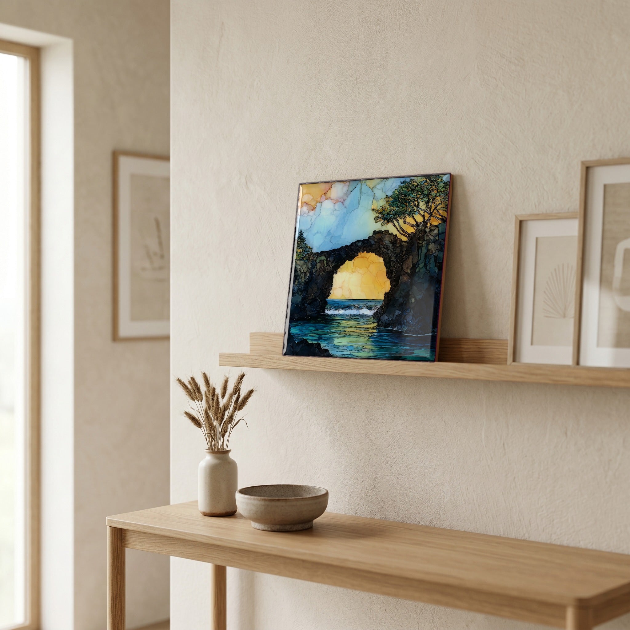 On a picture ledge, where the light comes in.