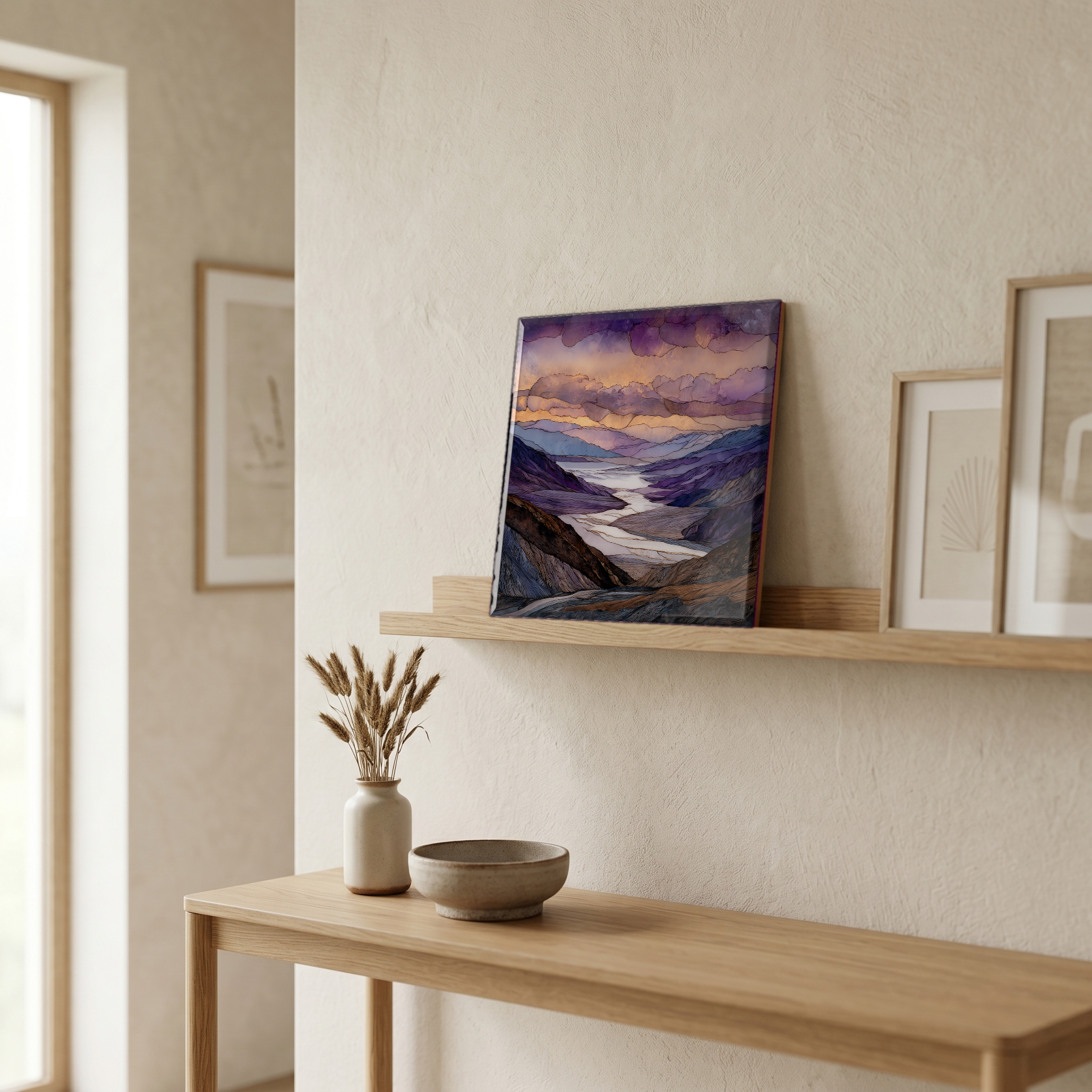 On a picture ledge, where the light comes in.
