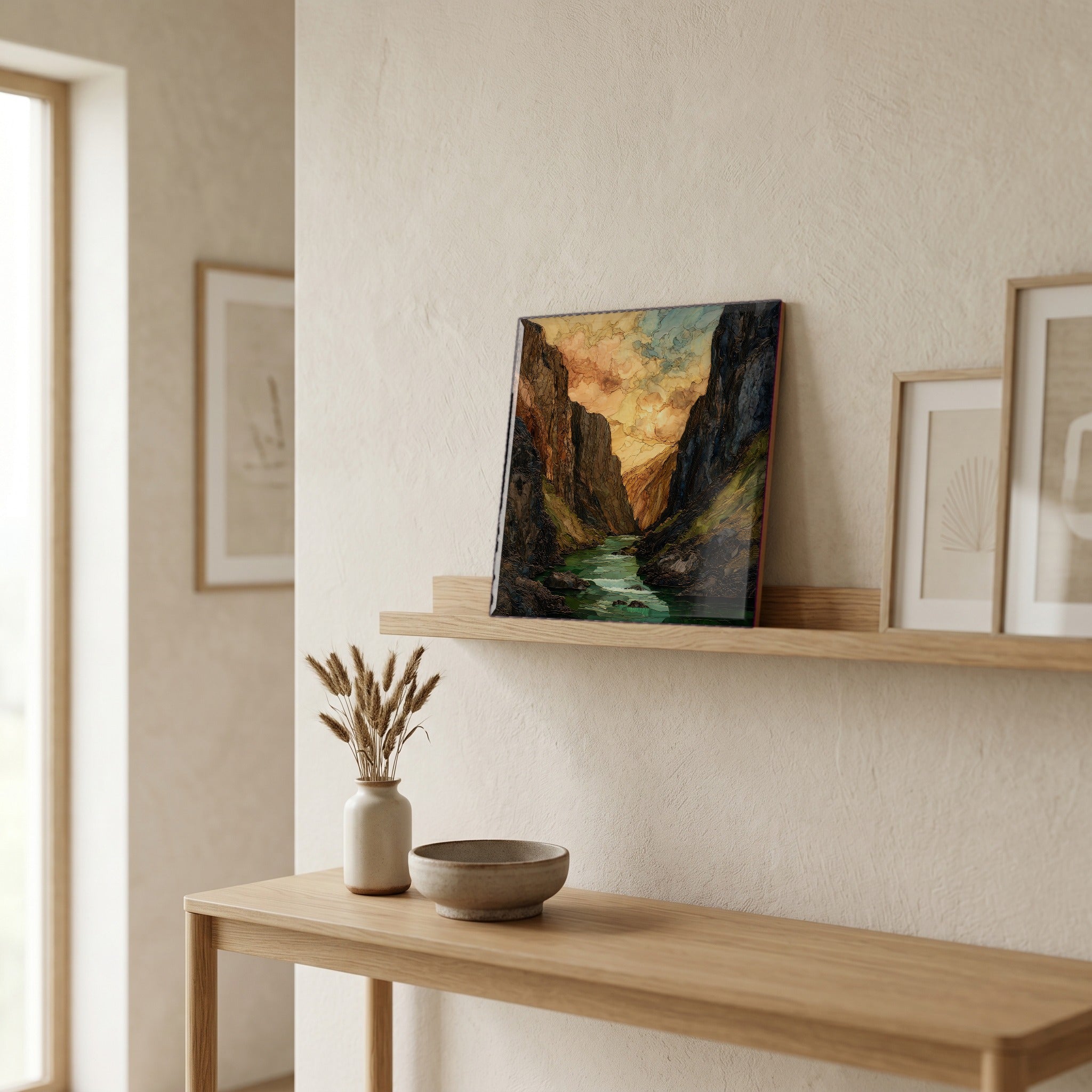On a picture ledge, where the light comes in.