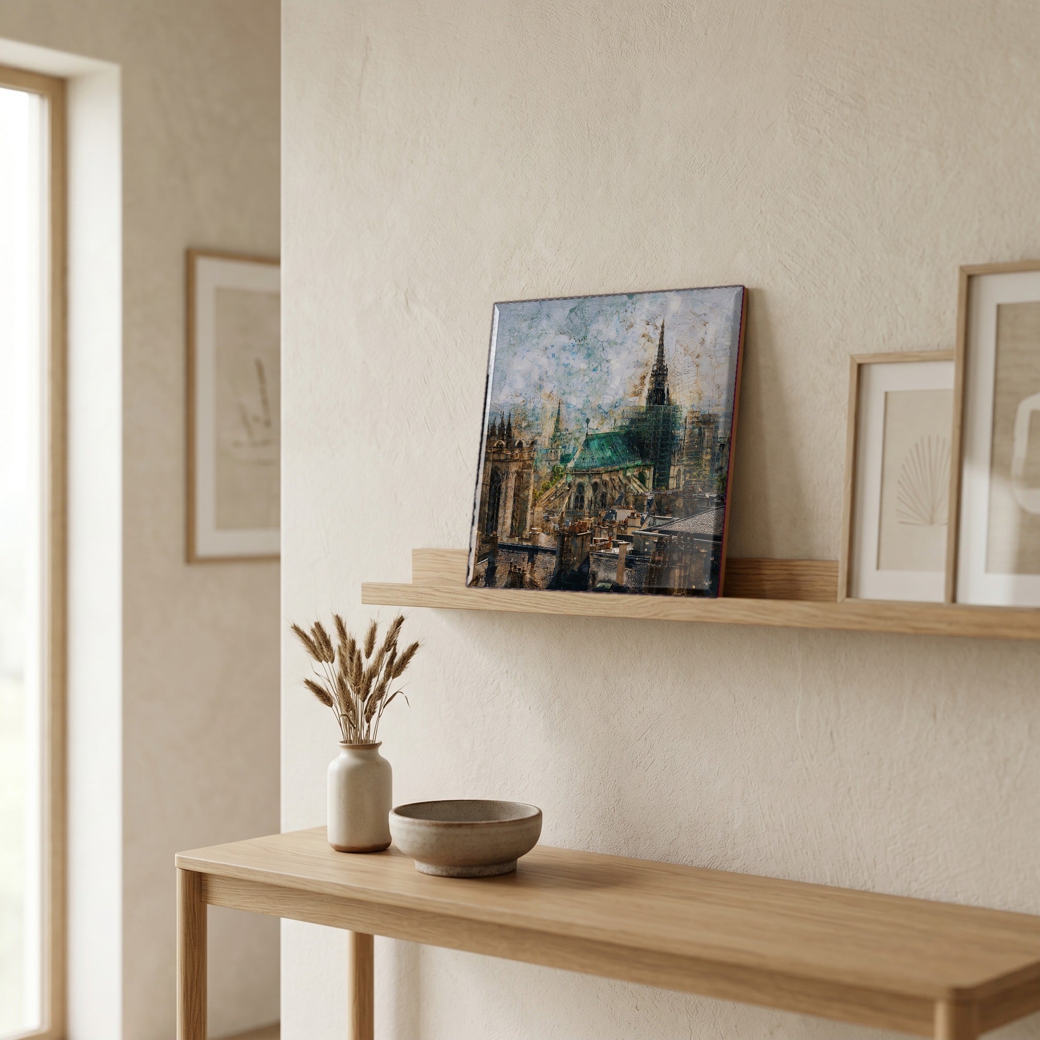 On a picture ledge, where the light comes in.
