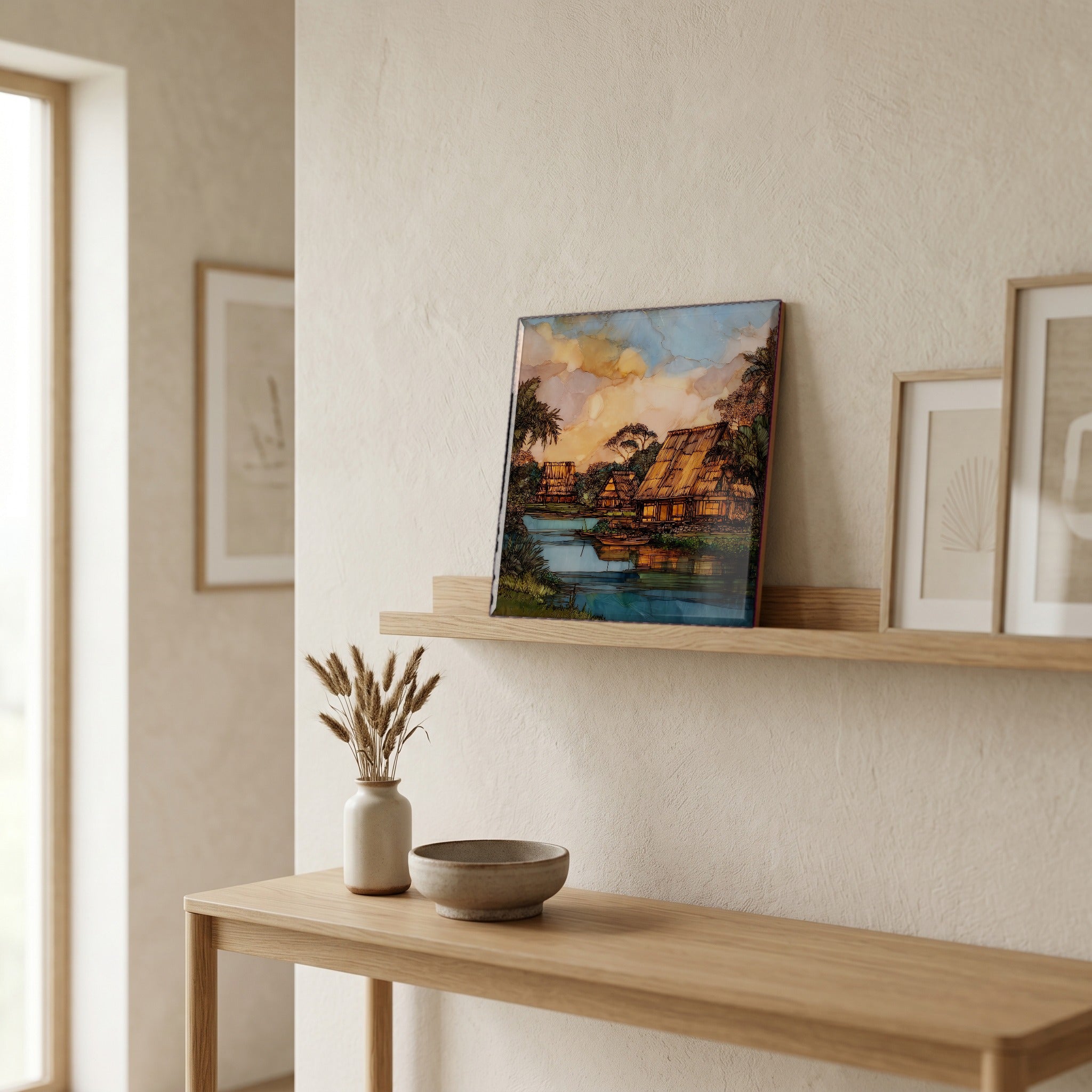 On a picture ledge, where the light comes in.