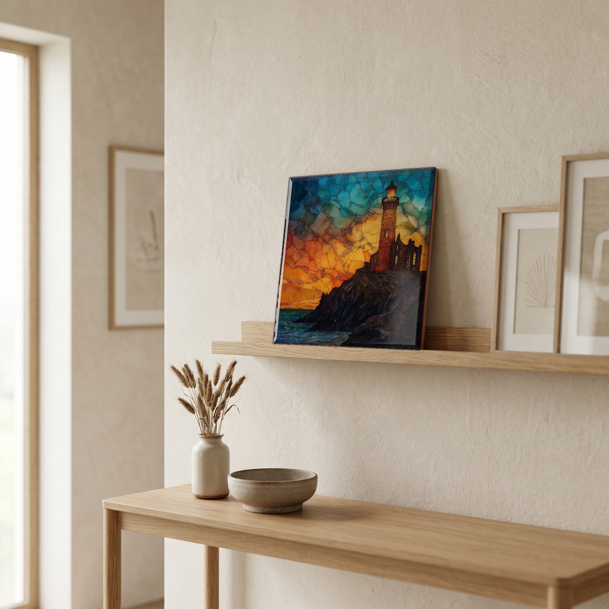 On a picture ledge, where the light comes in.