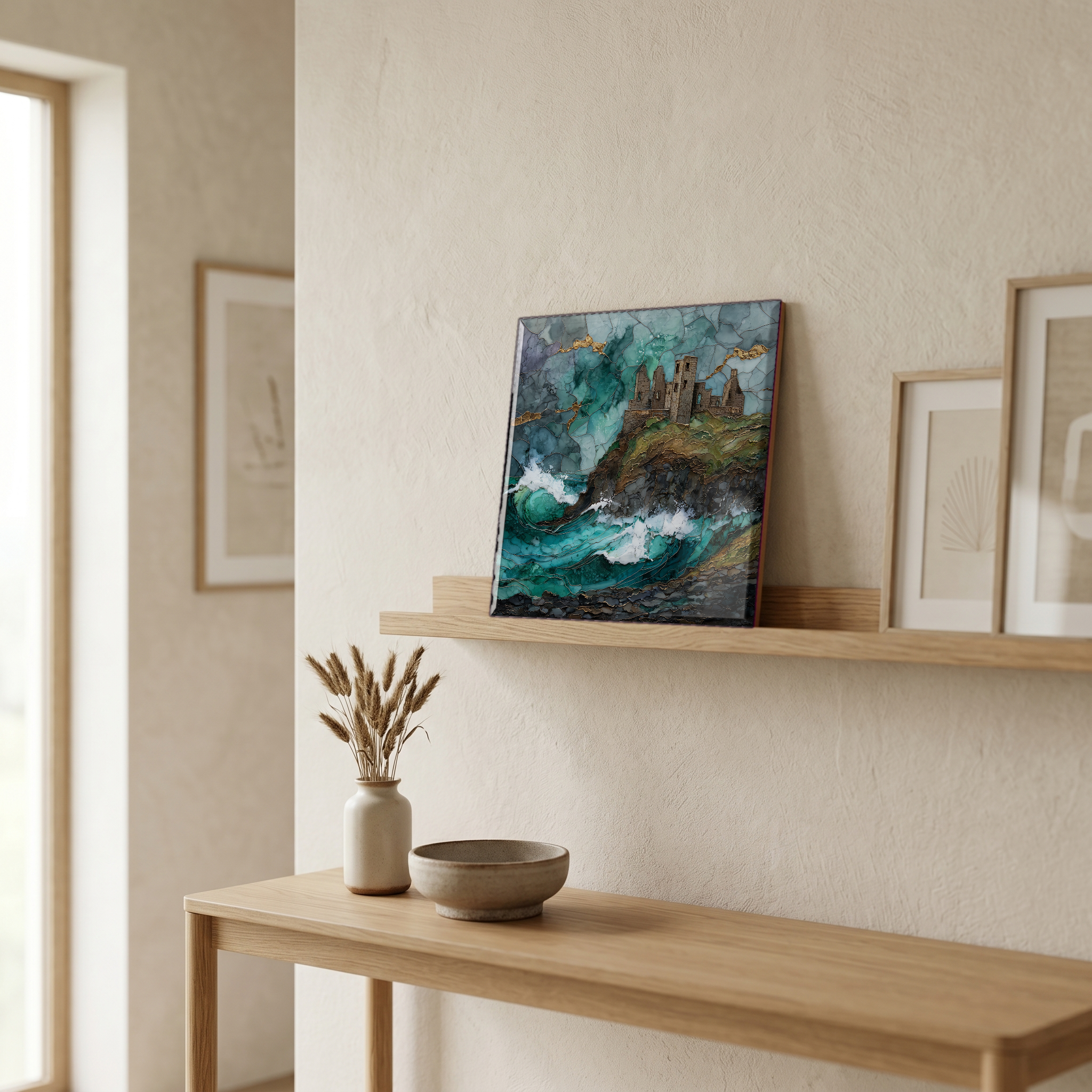 On a picture ledge, where the light comes in.