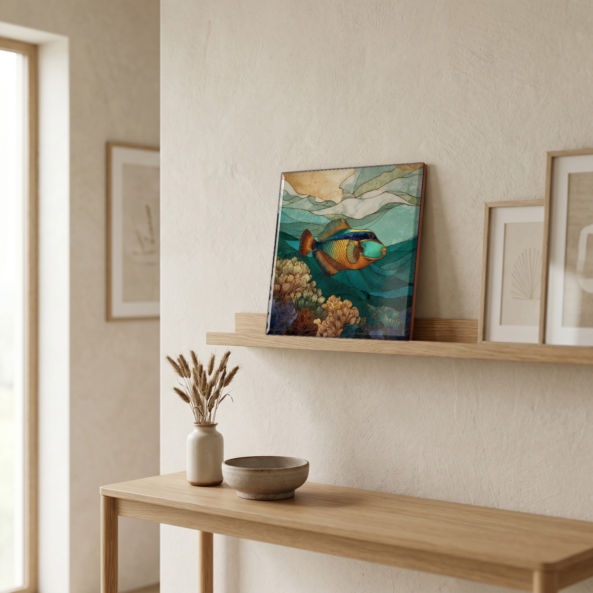 On a picture ledge, where the light comes in.