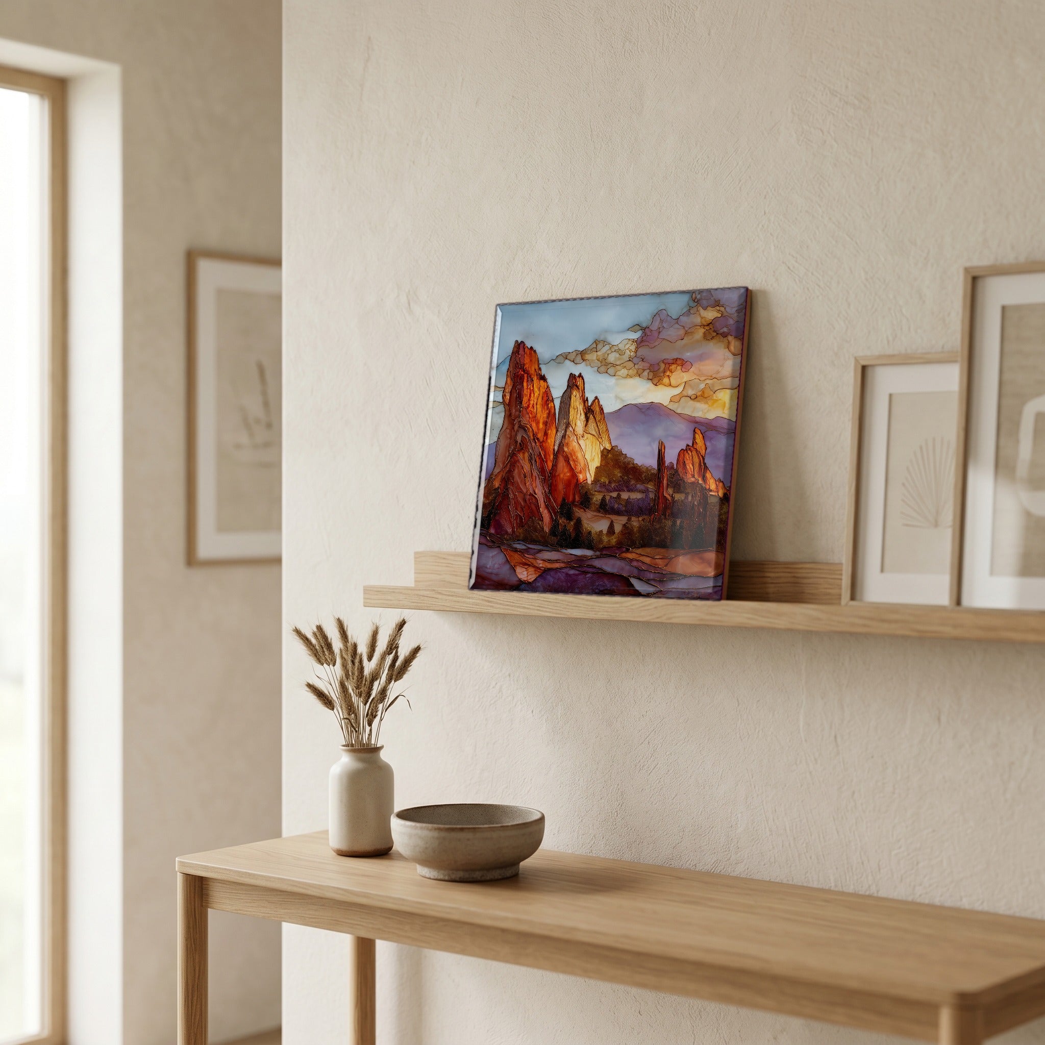 On a picture ledge, where the light comes in.