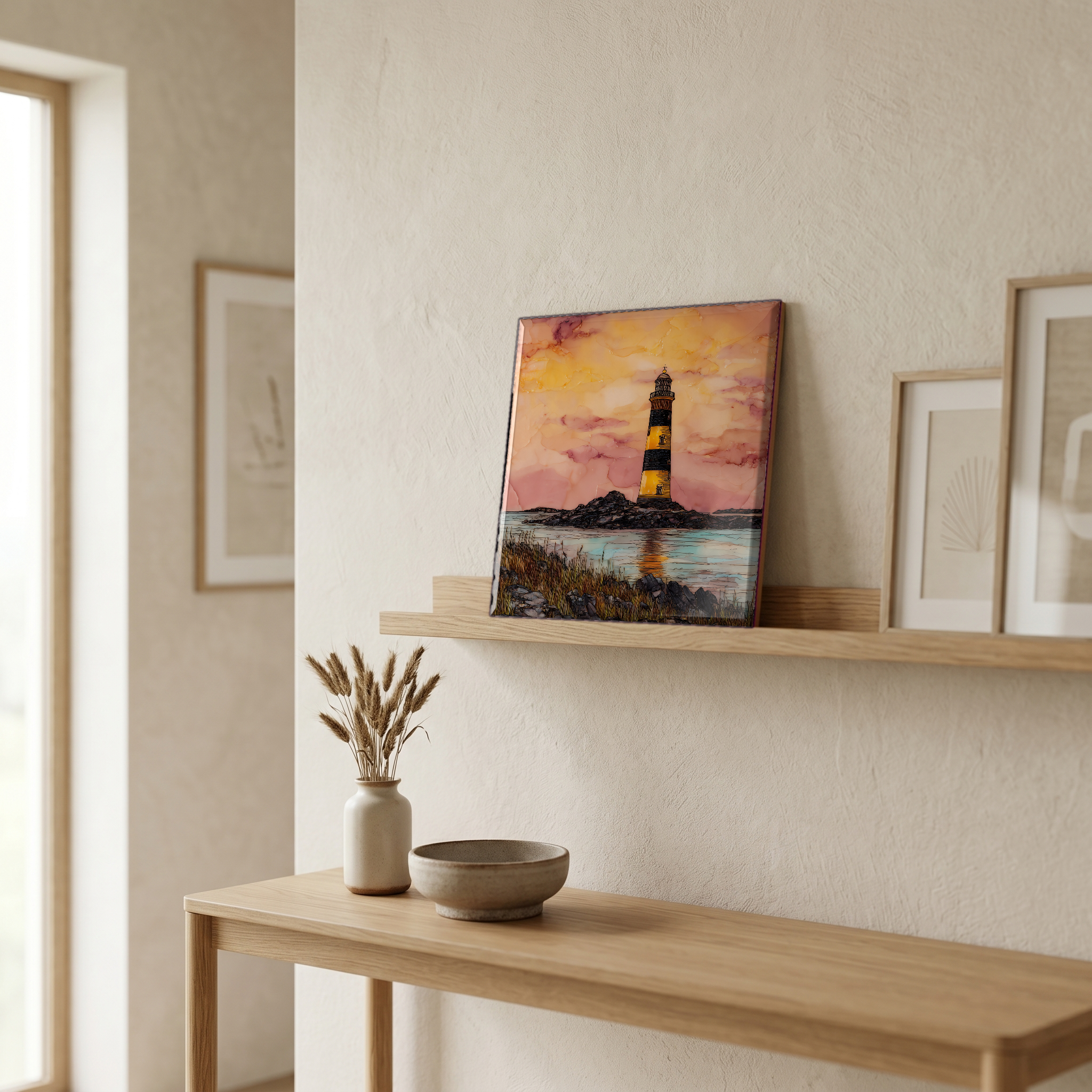 On a picture ledge, where the light comes in.