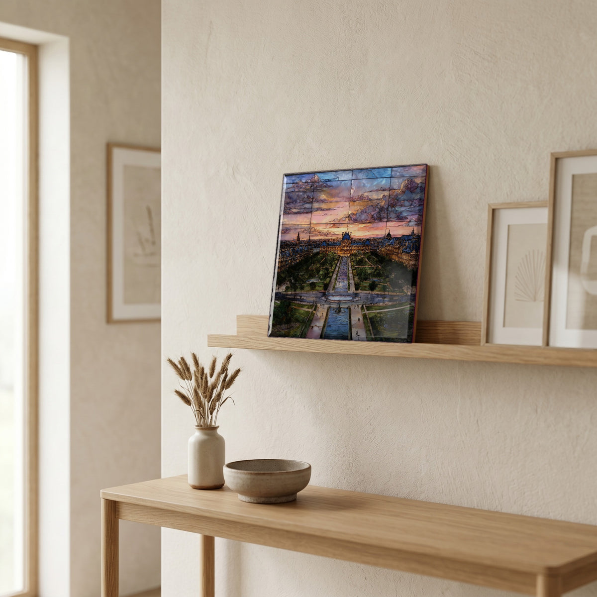 On a picture ledge, where the light comes in.