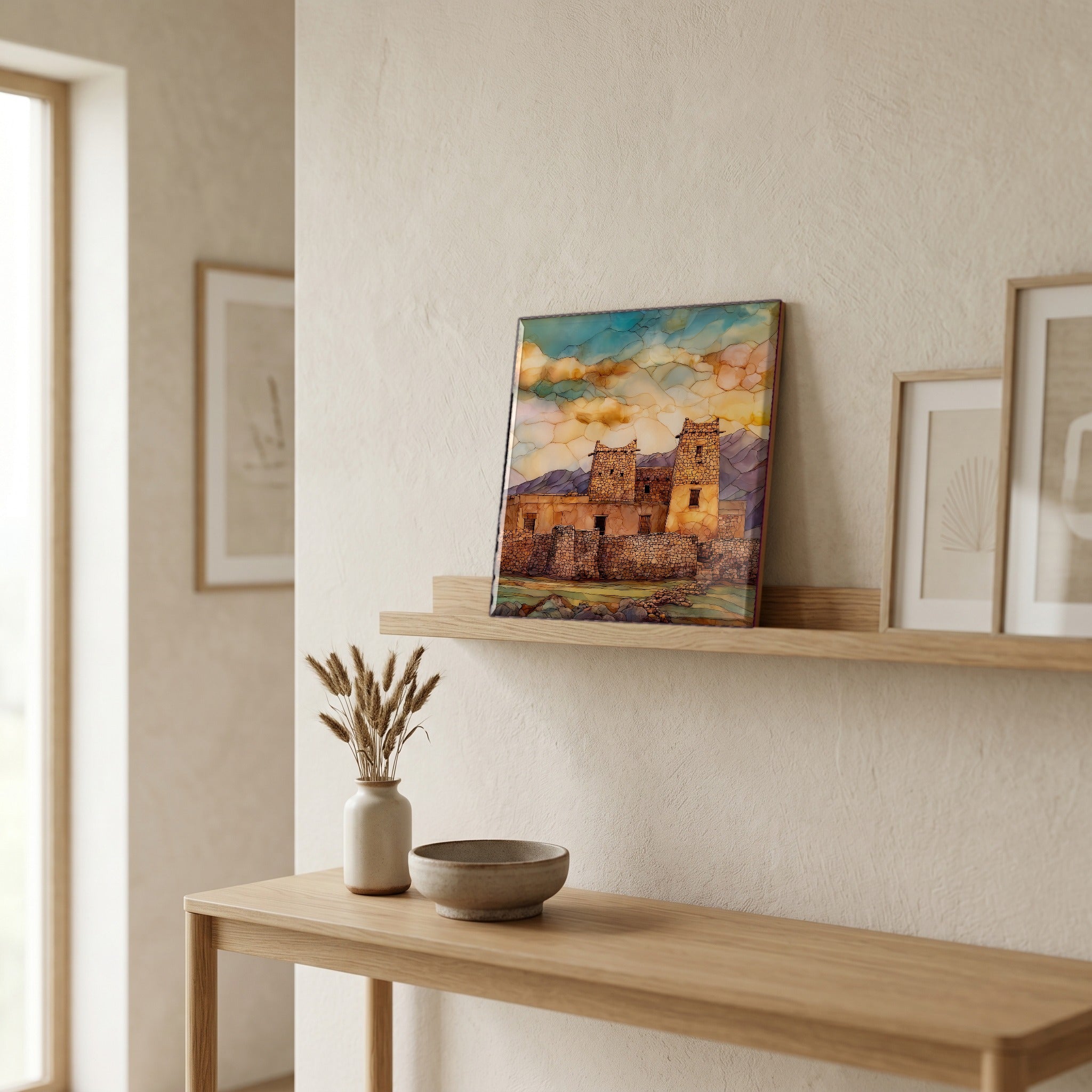 On a picture ledge, where the light comes in.