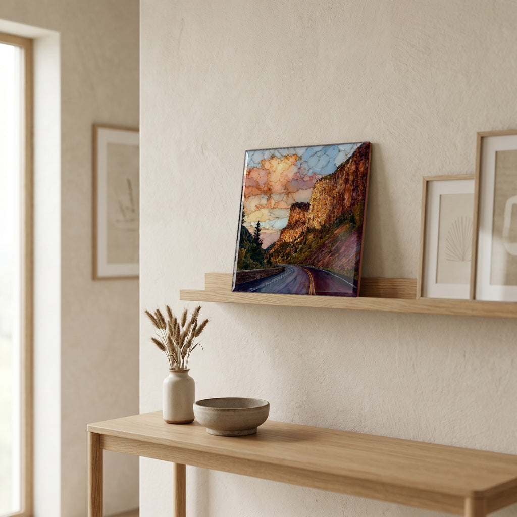On a picture ledge, where the light comes in.