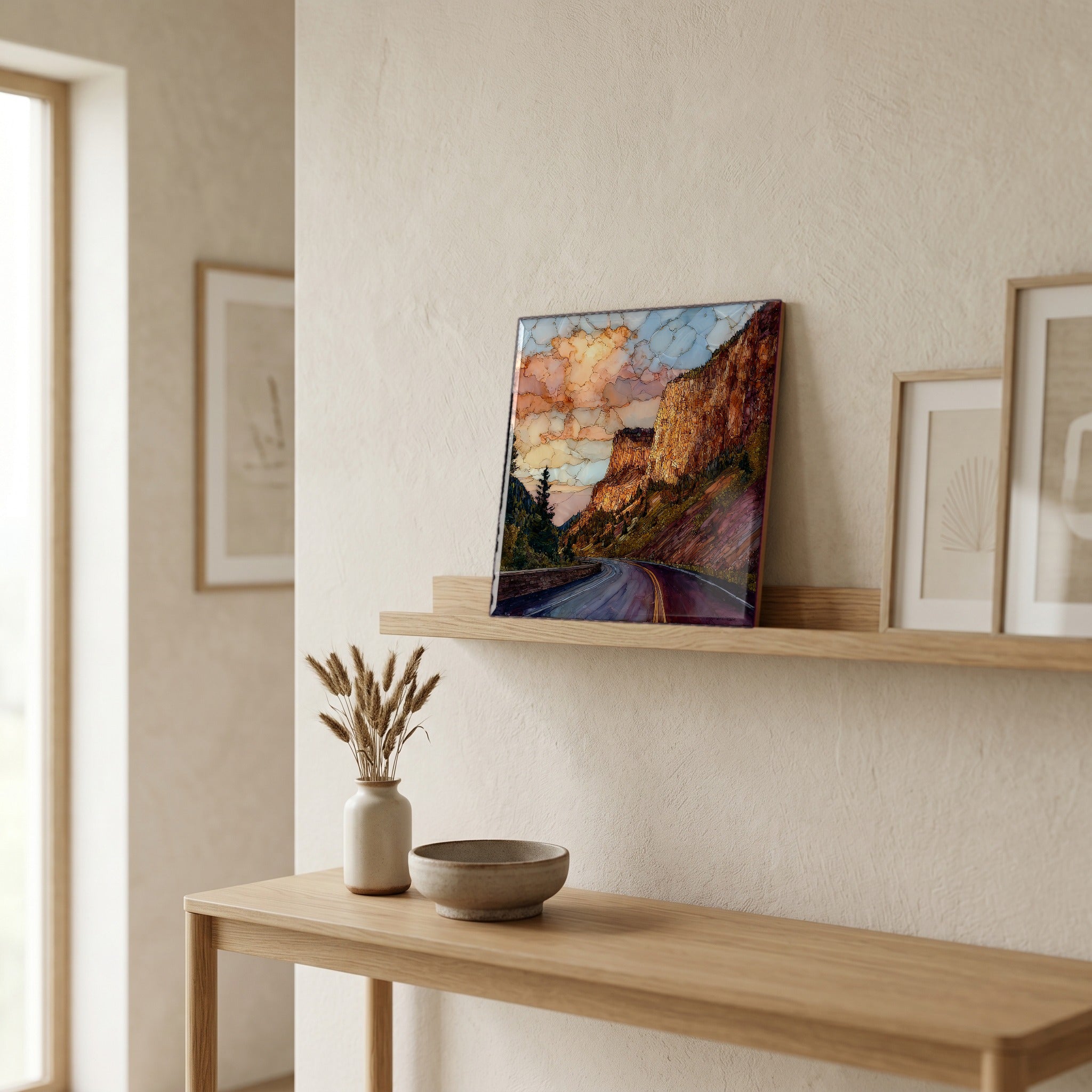 On a picture ledge, where the light comes in.