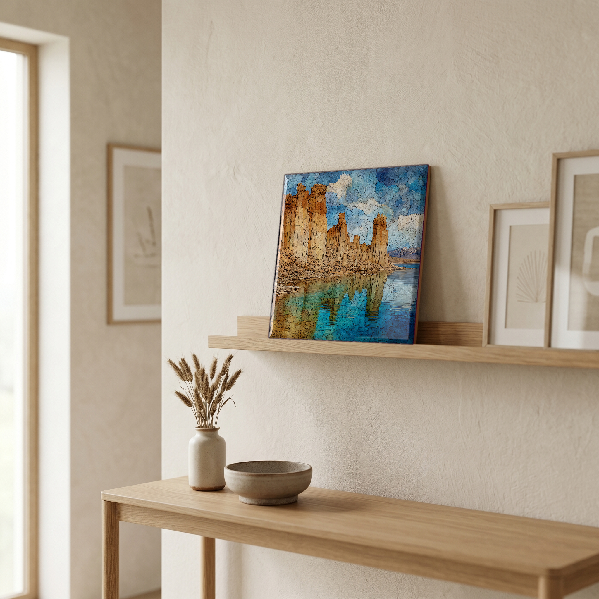 On a picture ledge, where the light comes in.