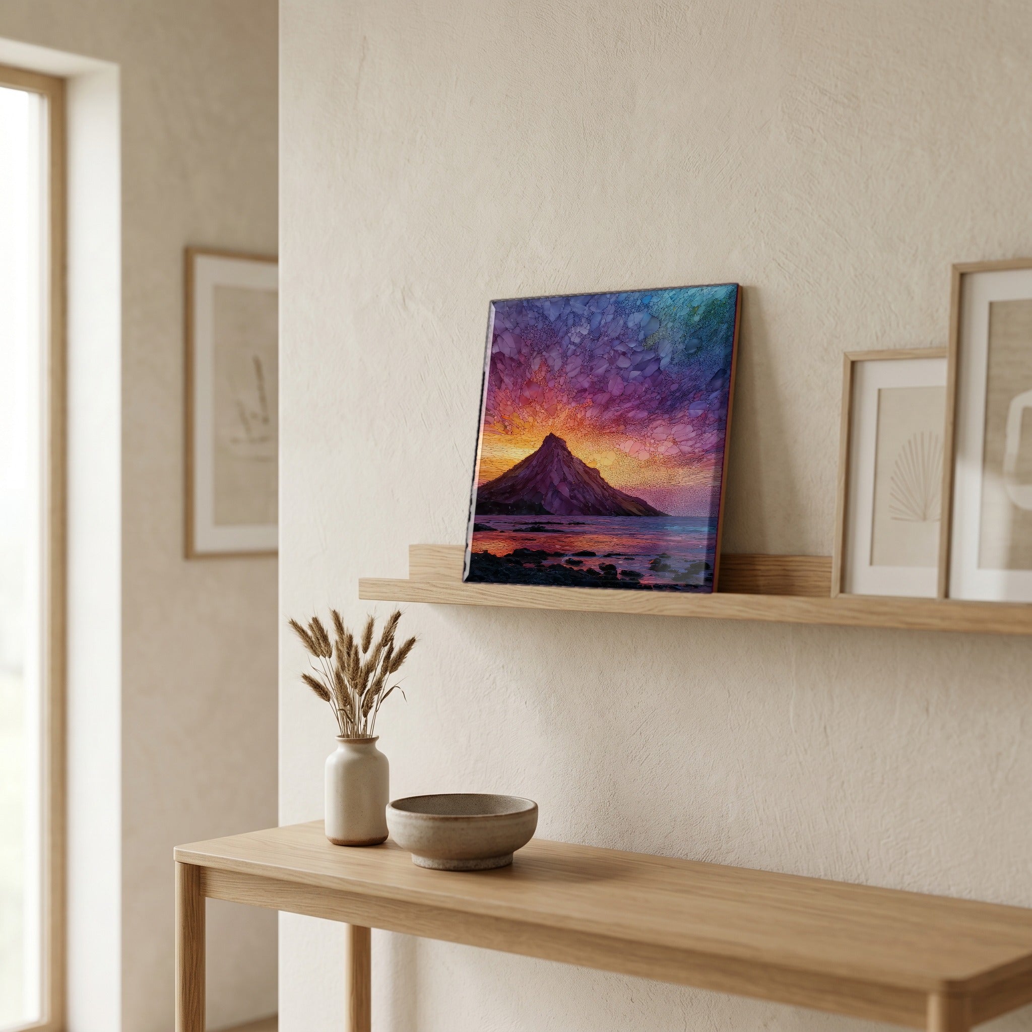 On a picture ledge, where the light comes in.