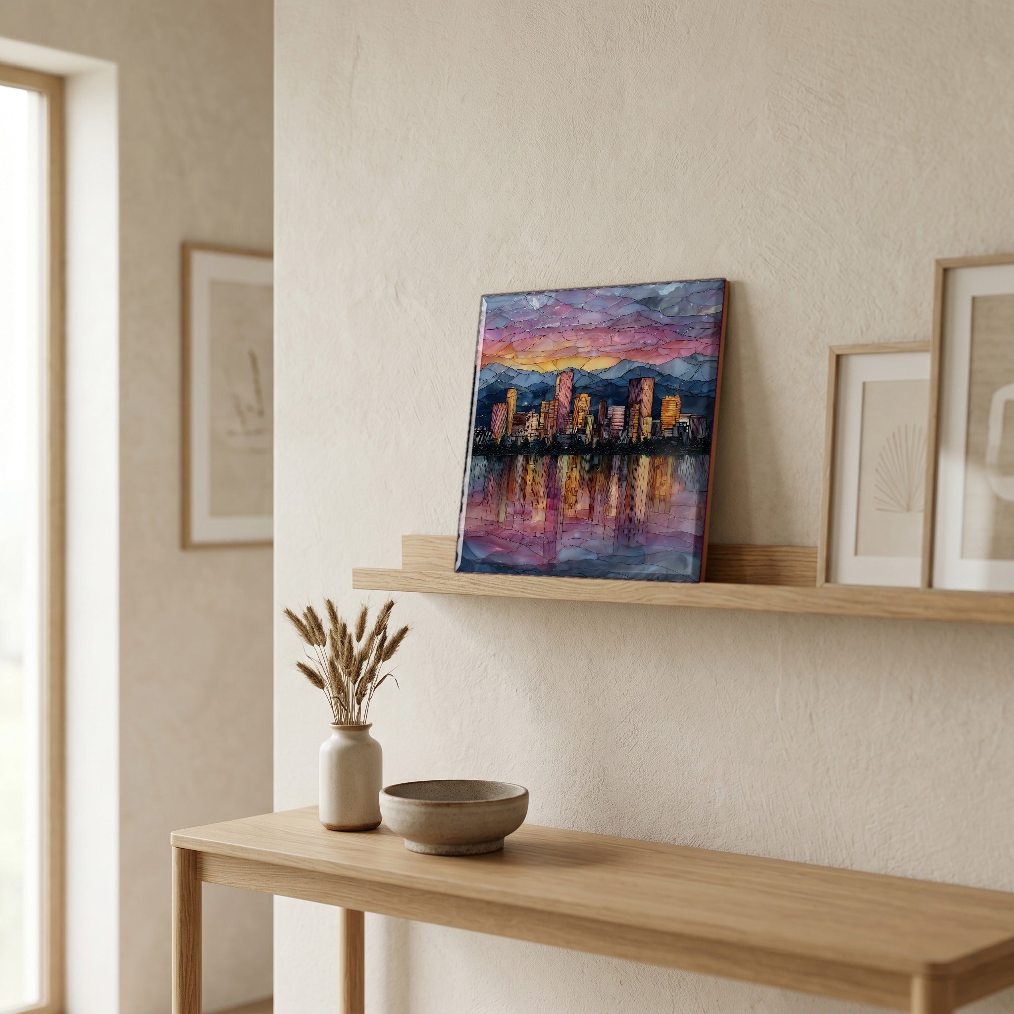 On a picture ledge, where the light comes in.