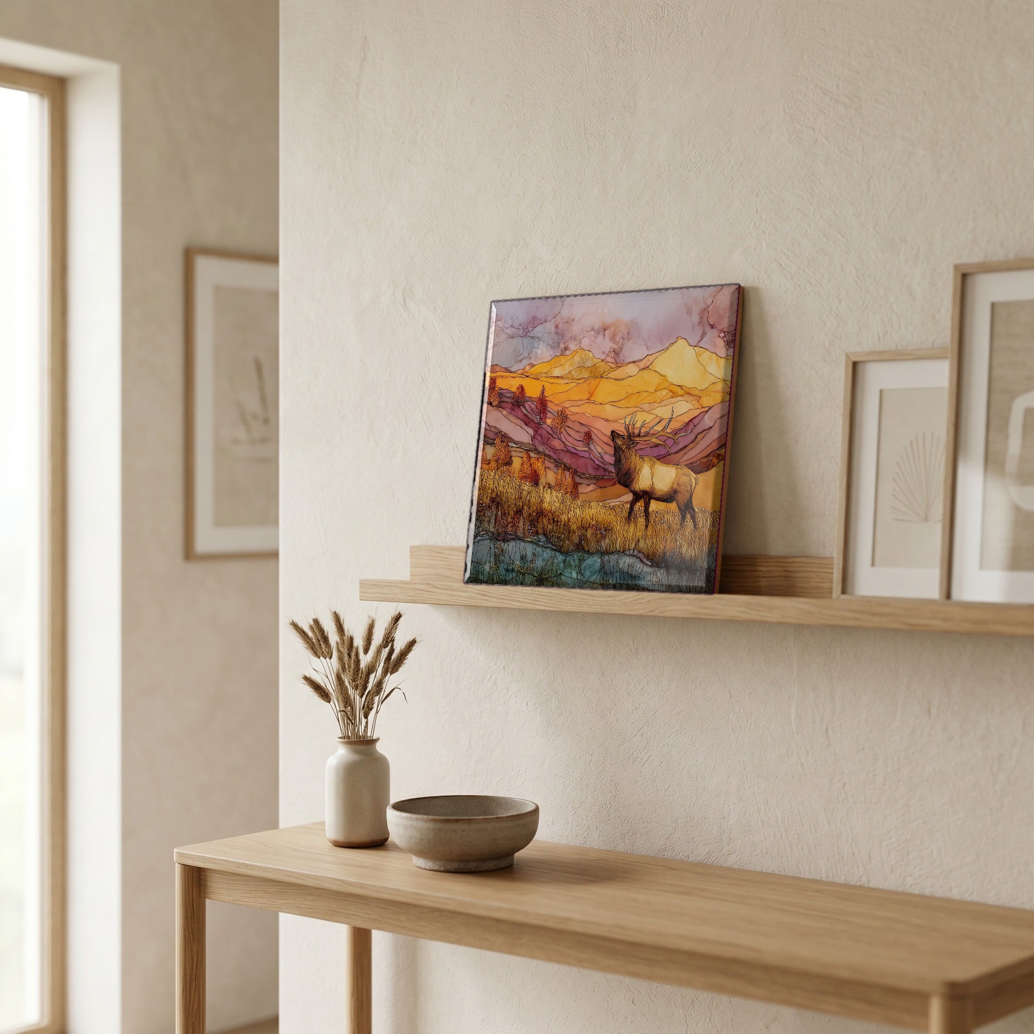 On a picture ledge, where the light comes in.