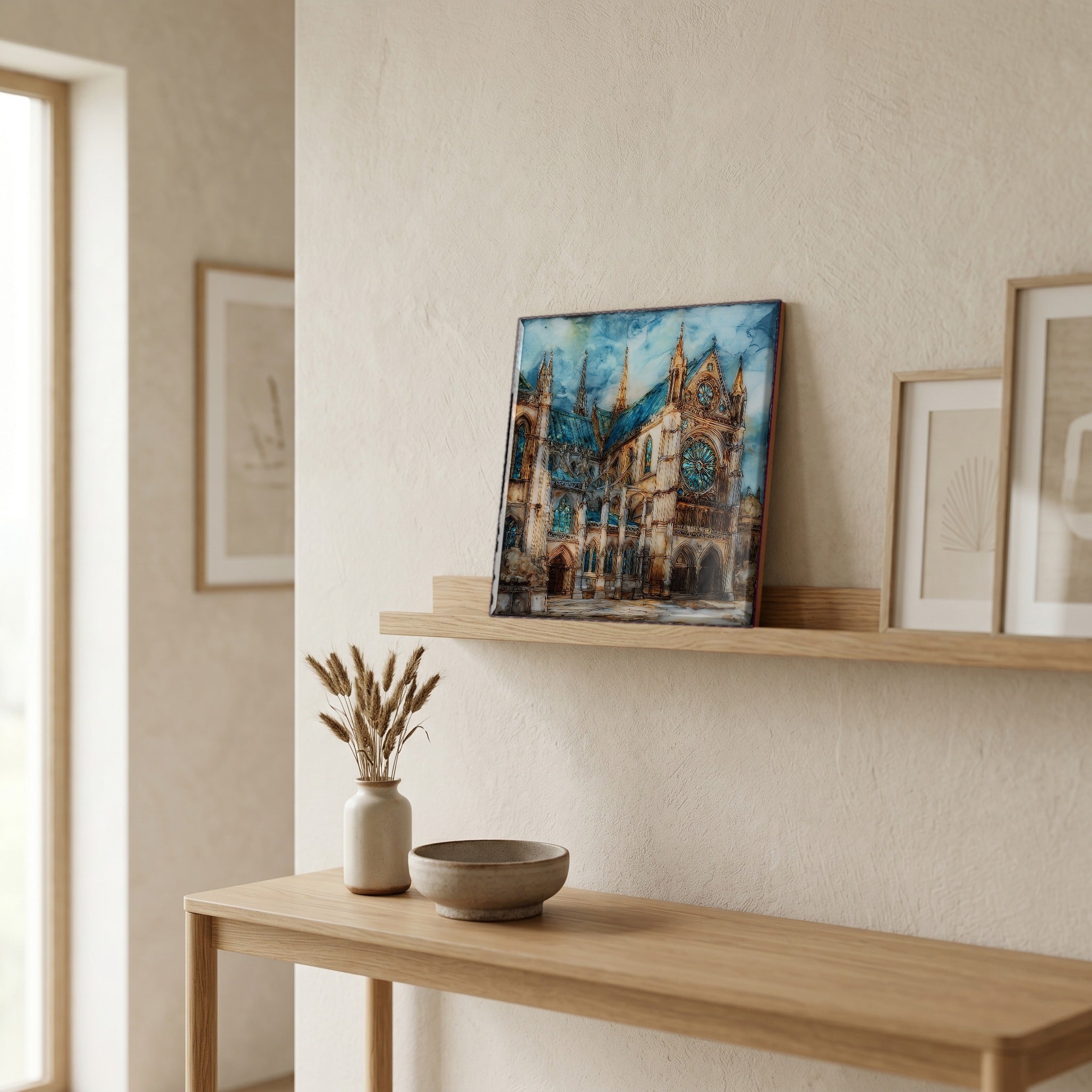 On a picture ledge, where the light comes in.